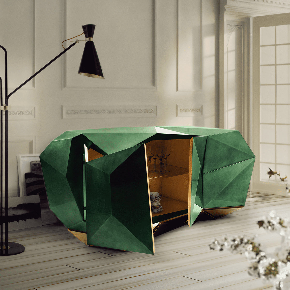 Luxury Emerald Green Sideboard Cabinet with Diamond-Inspired Faceted Design
