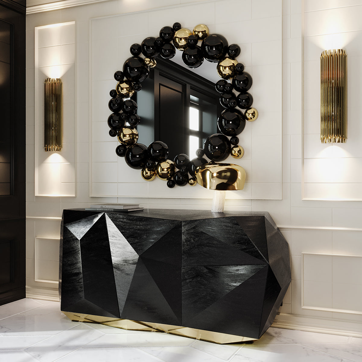 Luxury Emerald Green Sideboard Cabinet with Diamond-Inspired Faceted Design