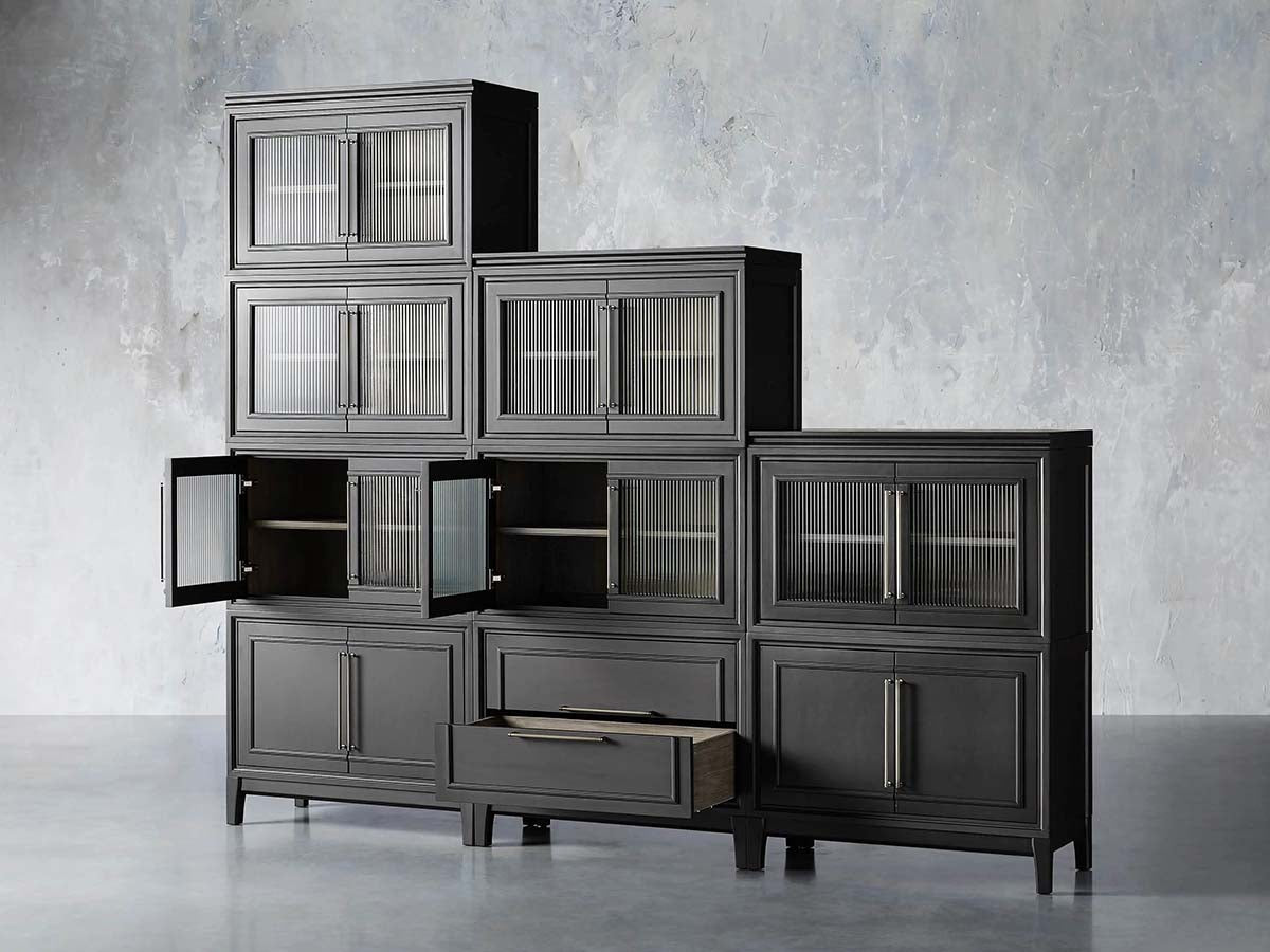 Rowan Modular Wall Unit Storage System Wood Tall Display Cabinet with Reeded Glass Doors