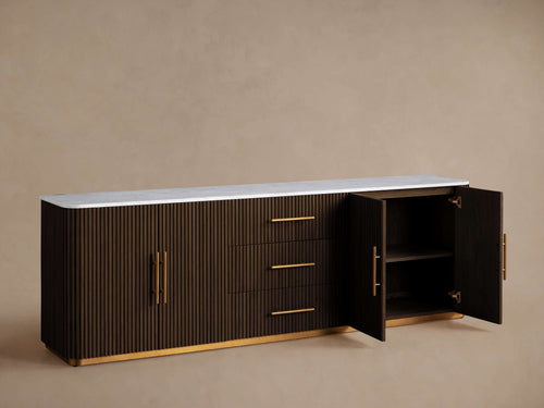Finnley Enfilade buffet de luxe en marbre, meuble TV en bois, commode d'entrée à tiroirs