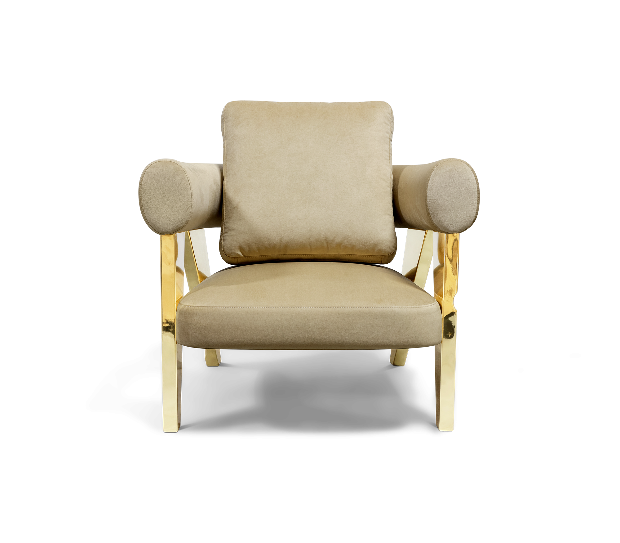 Luxury Sculptural Armchair with Polished Hammered Brass Legs & Curved Upholstery Design