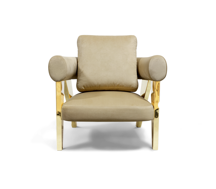 Luxury Sculptural Armchair with Polished Hammered Brass Legs & Curved Upholstery Design