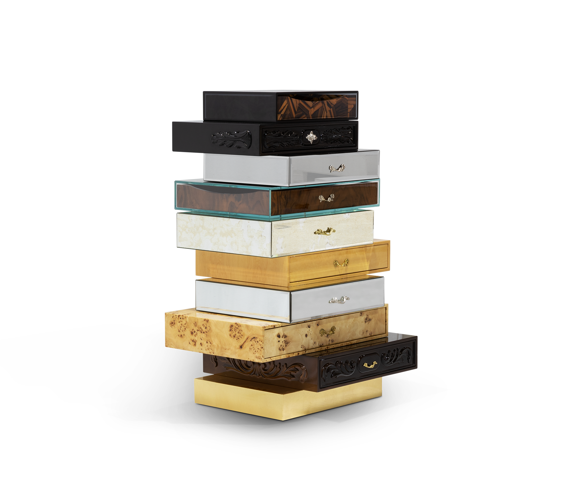 Luxury Chest of Drawers with Mixed Wood Finishes, Brass Details & Designer Storage
