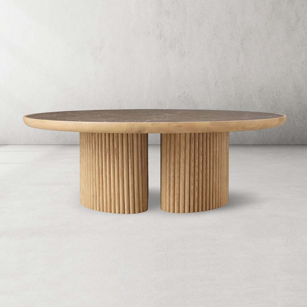Astor Round Coffee Table Marble Top Oak Wood Base Sofa Center Tea Table