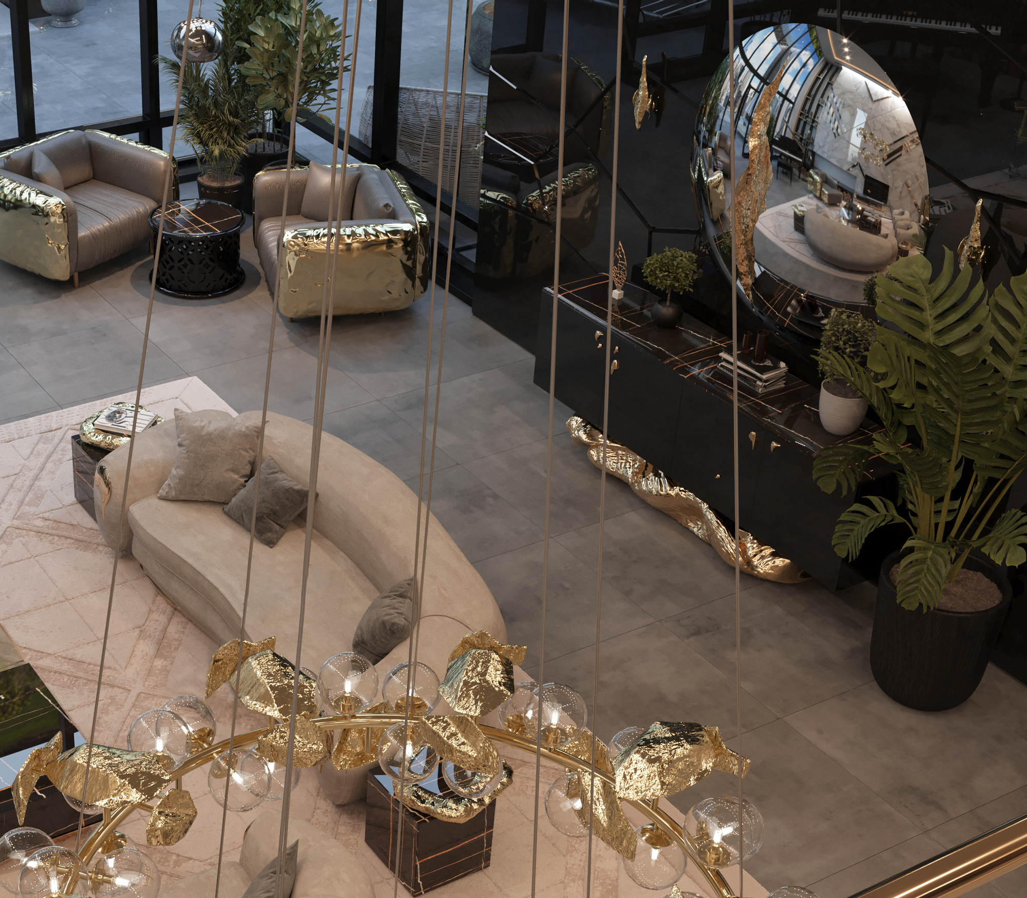Luxury Gold Buffet Cabinet with Sculptural Metal Base & Hidden Storage