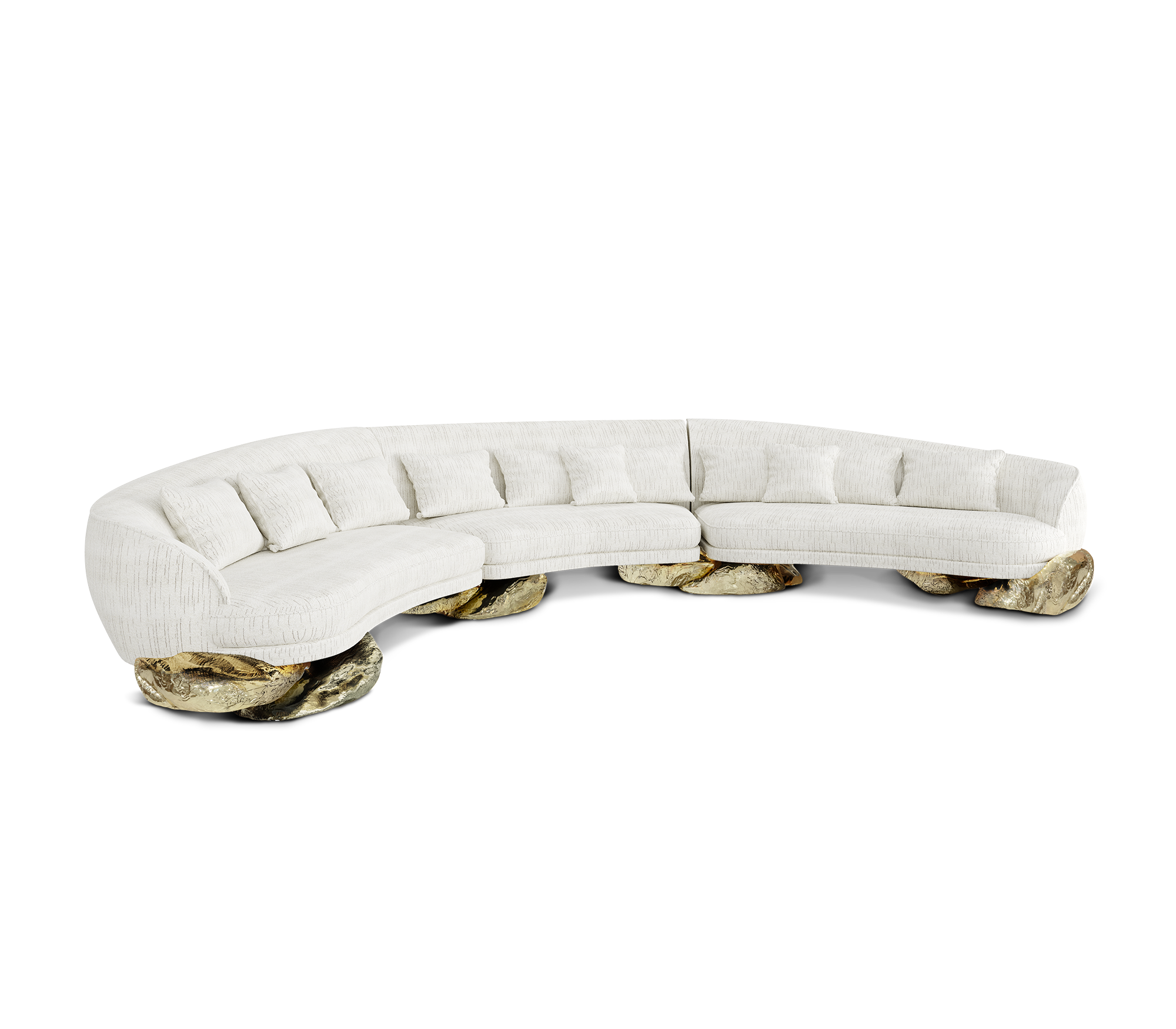 Luxury Sculptural Curved Sofa with Polished Hammered Brass Base & Organic Design