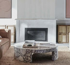 Runder Couchtisch Veneta mit Carrara-Marmor-Furnierplatte für Wohnzimmer und Holztisch