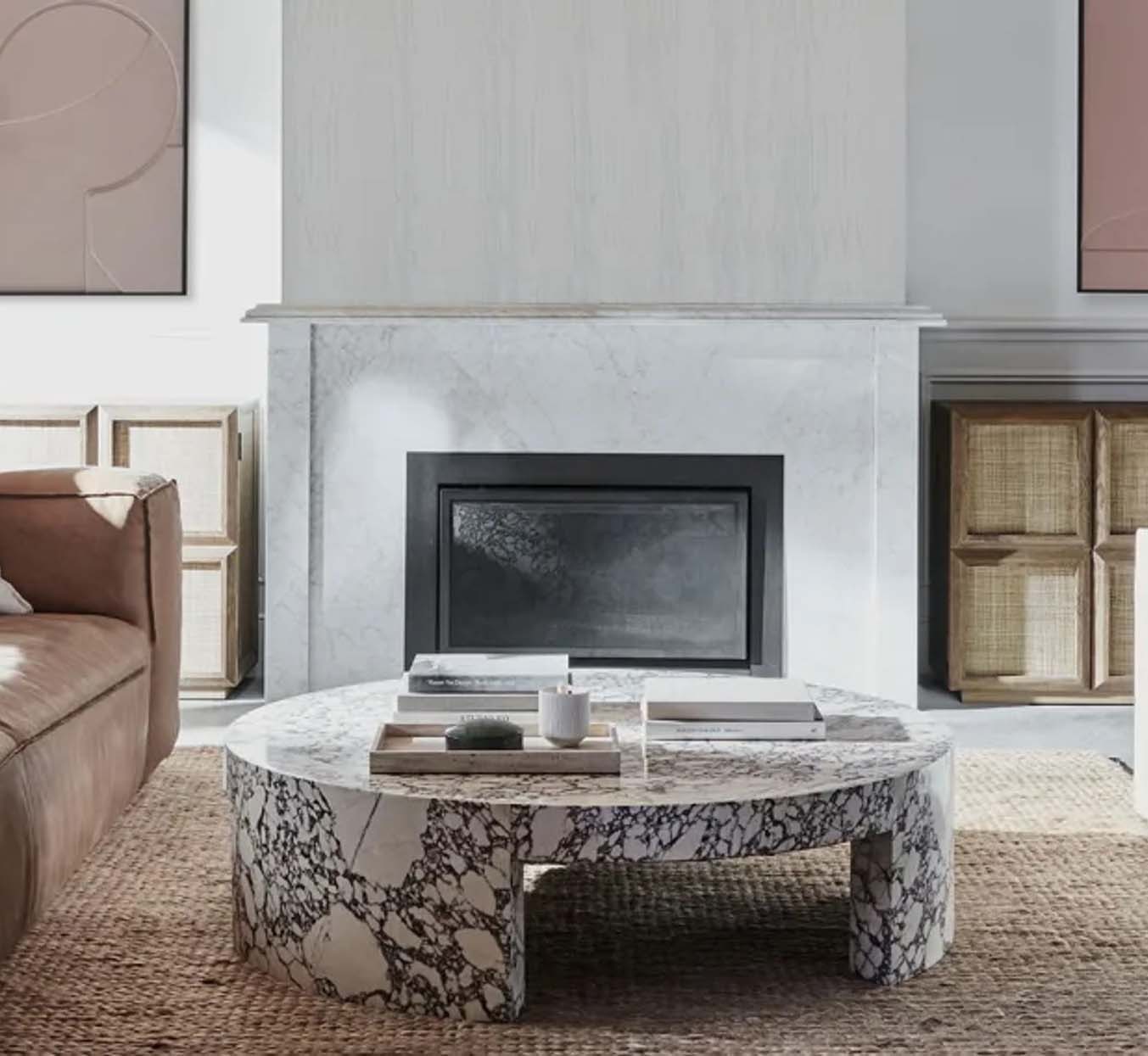 Runder Couchtisch Veneta mit Carrara-Marmor-Furnierplatte für Wohnzimmer und Holztisch
