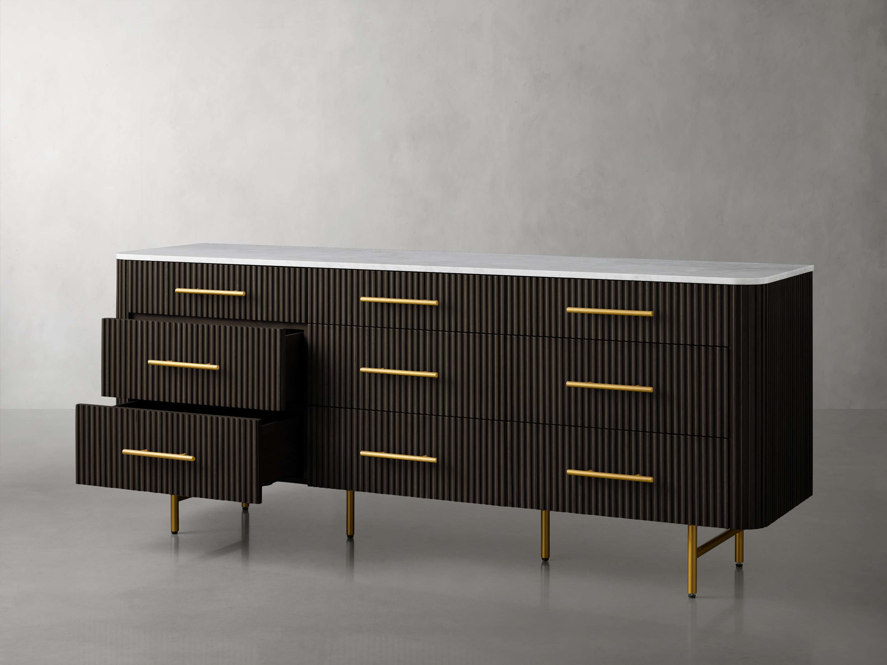 Finnley Natural Marble Stone Top Nine-Drawer Dresser White Oak Wood Drawer Chest Cabinet