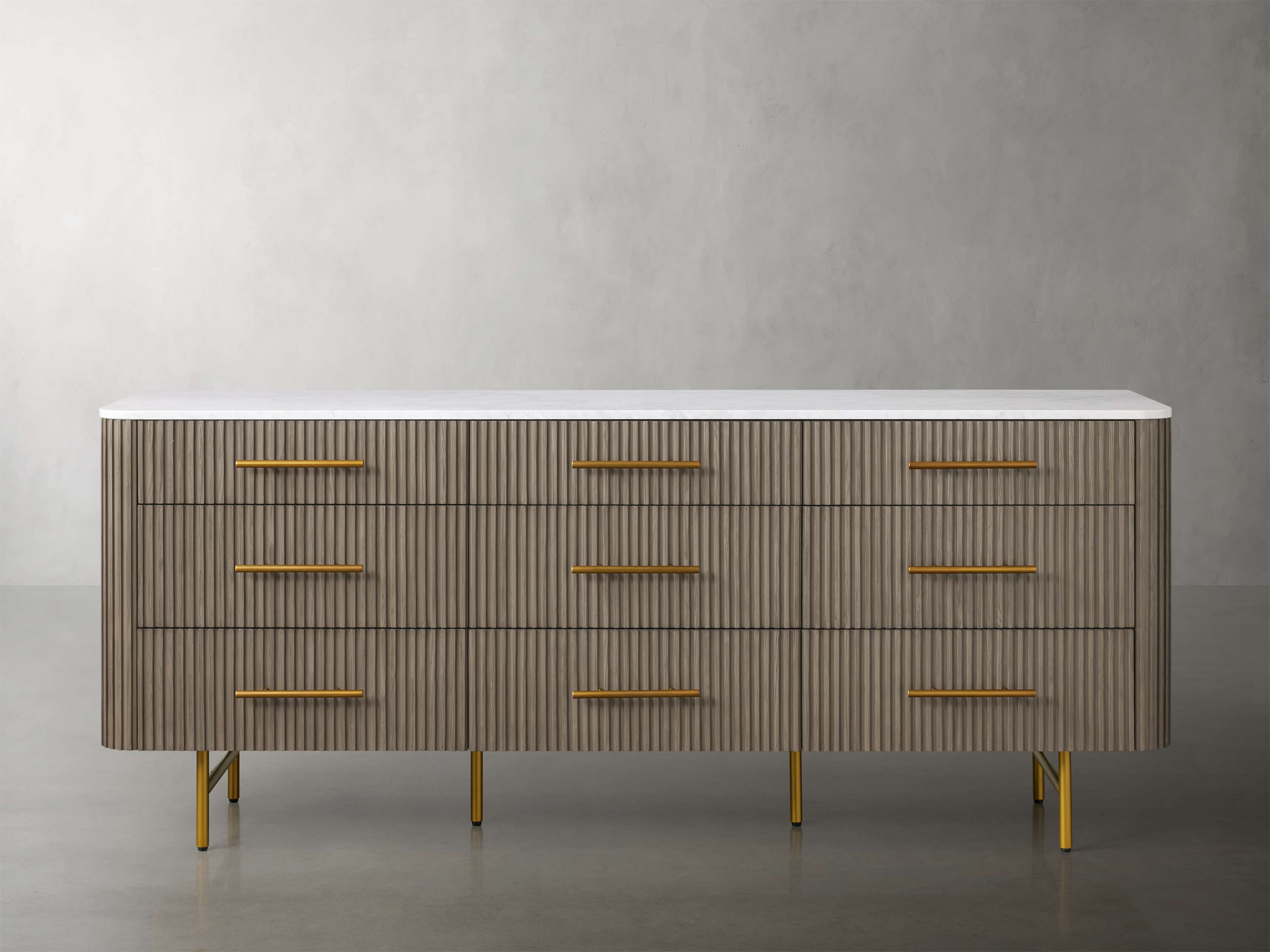 Finnley Natural Marble Stone Top Nine-Drawer Dresser White Oak Wood Drawer Chest Cabinet
