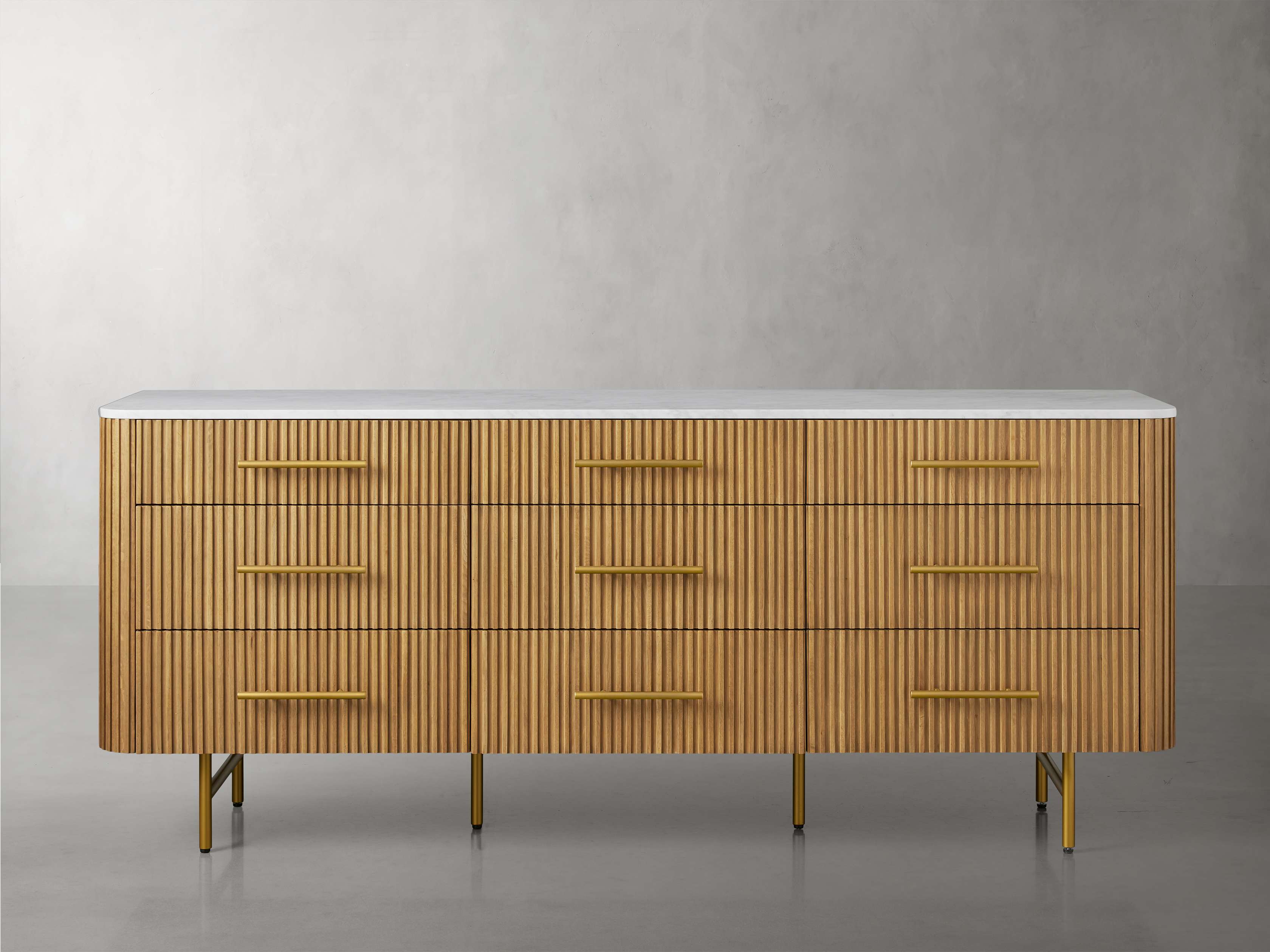 Finnley Natural Marble Stone Top Nine-Drawer Dresser White Oak Wood Drawer Chest Cabinet