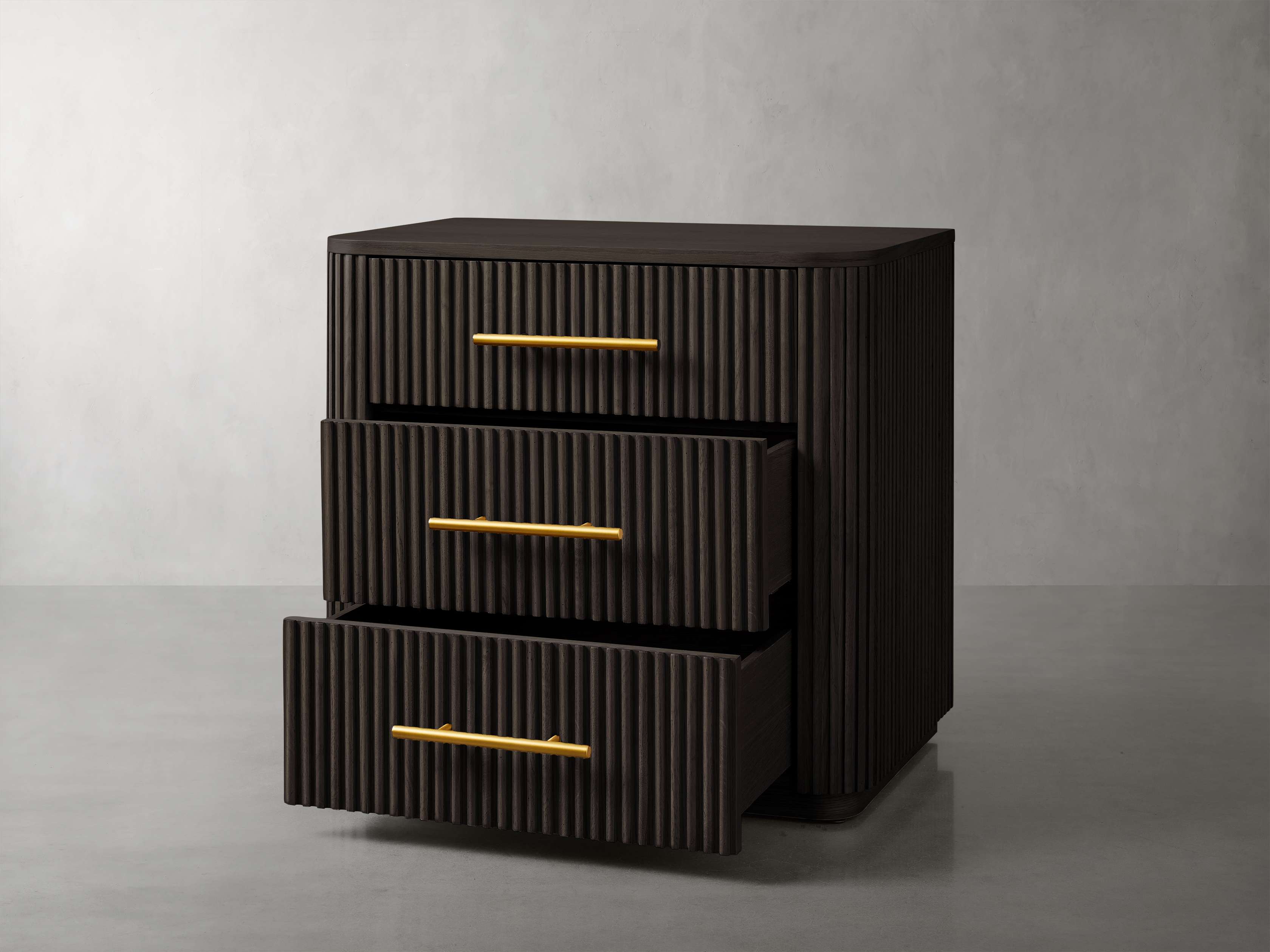 Finnley Wood Nightstand Finnish Pine with Oak Veneers 3-Drawer Cabinet Chest Reeded Nightside Table