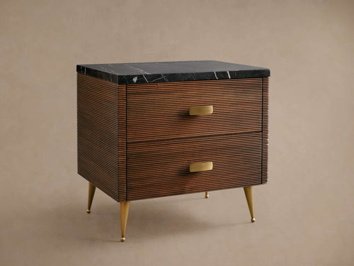 Giselle Mahogany Wood Nightstand with Black Marquina Veneer Top 2-Drawer Cabinet Nightside Table