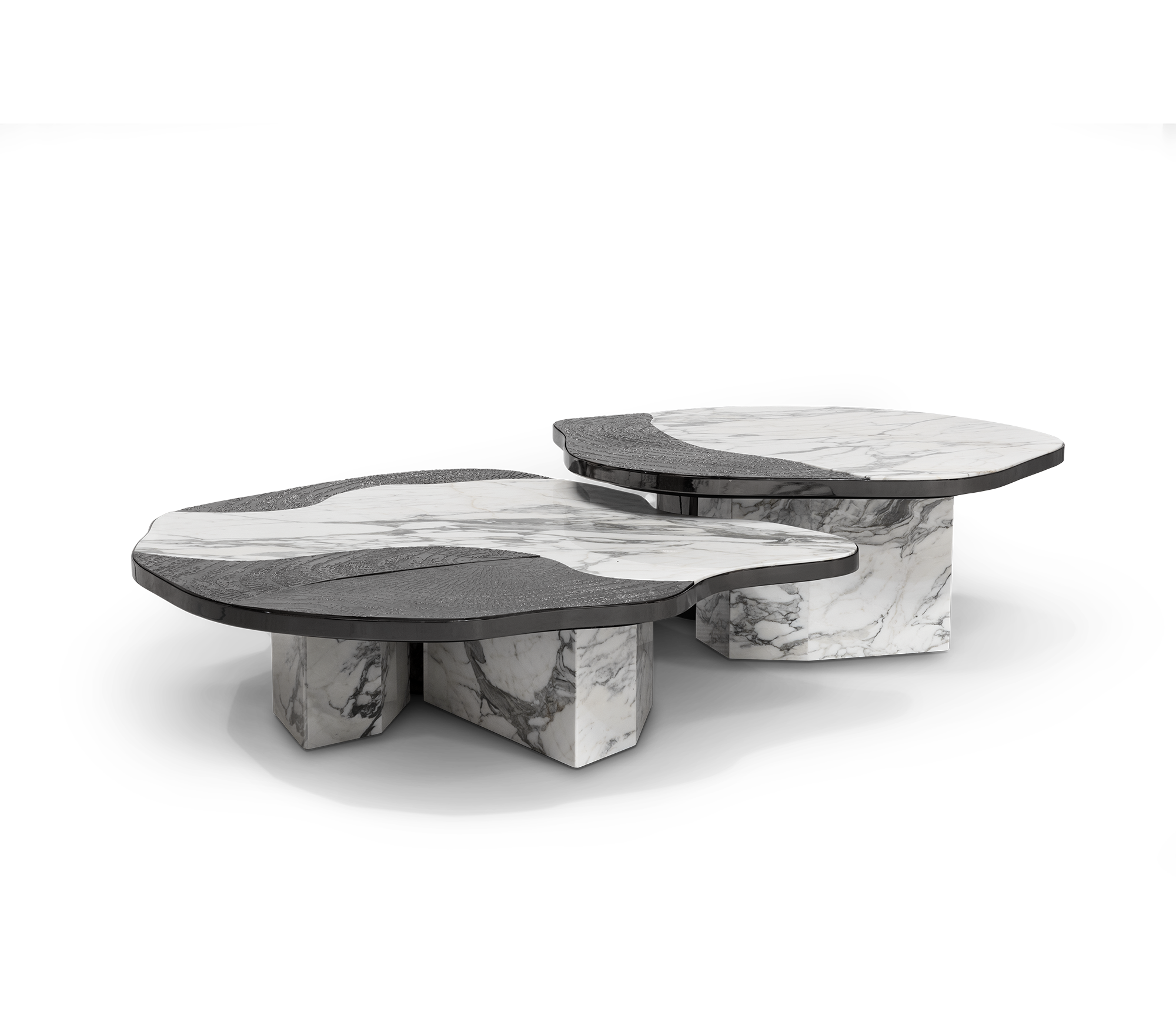 Luxury Calacatta Marble Coffee Table with Black Sculptural Base & Modern Design