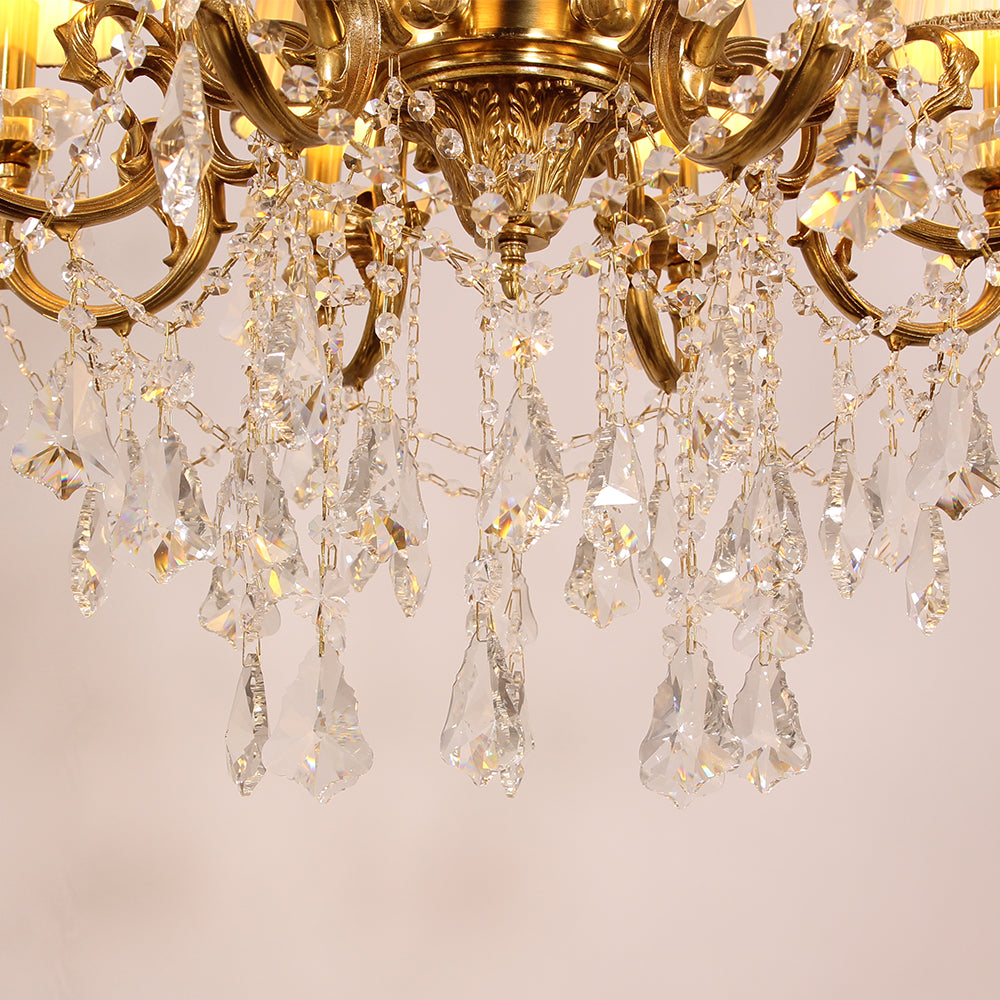 37X31 Inch 12 Lights Candle Style Antique Brass and Crystal Chandelier