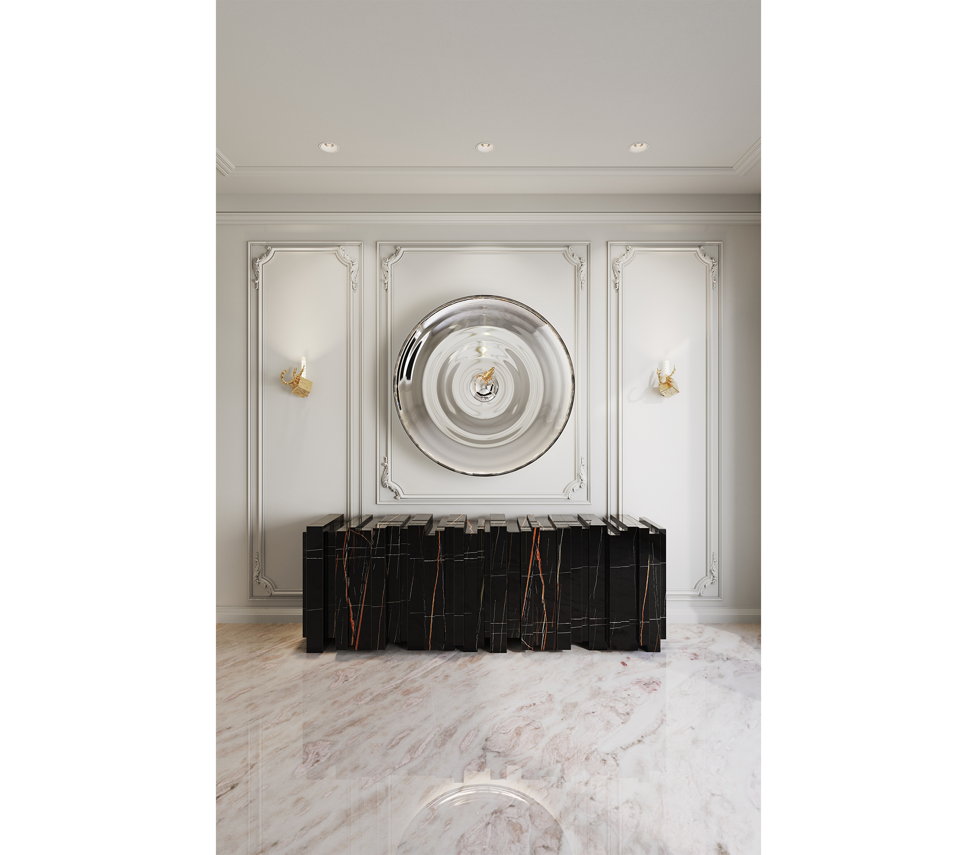 Luxury Sculptural Sideboard Cabinet with Black Gold Finish & Hidden Storage
