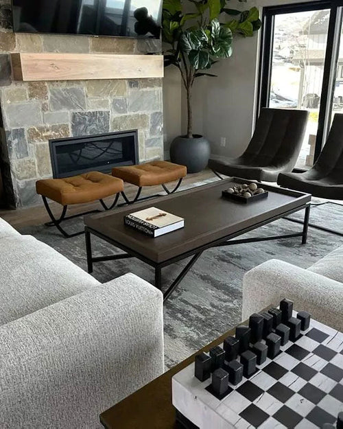 Malone Coffee Table with Leather Top & Steel Base Living Room Center Tea Table Cocktail Table Modern Style