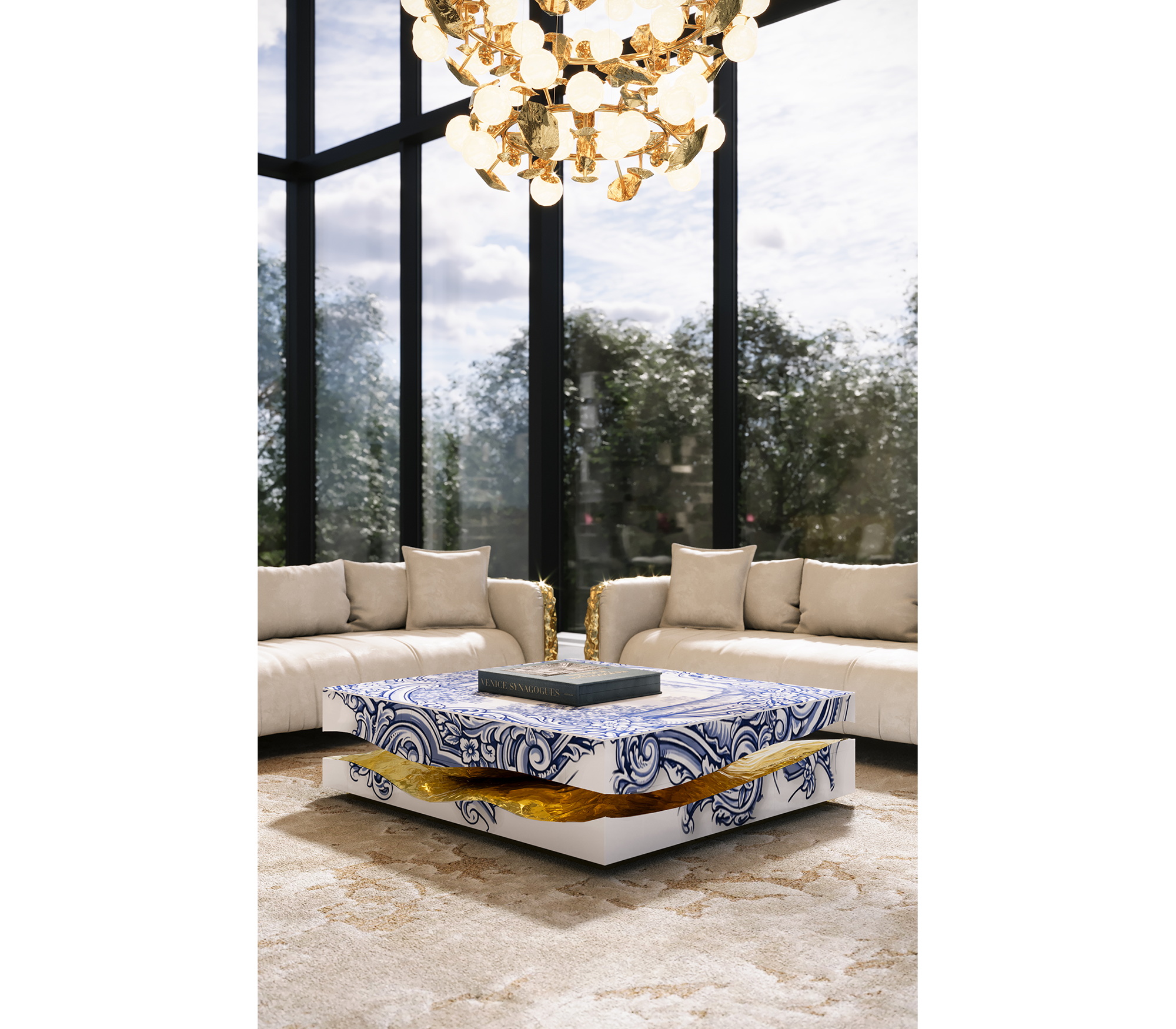 Luxury Carrara Marble Coffee Table with Sculptural Brass Frame & Organic Design