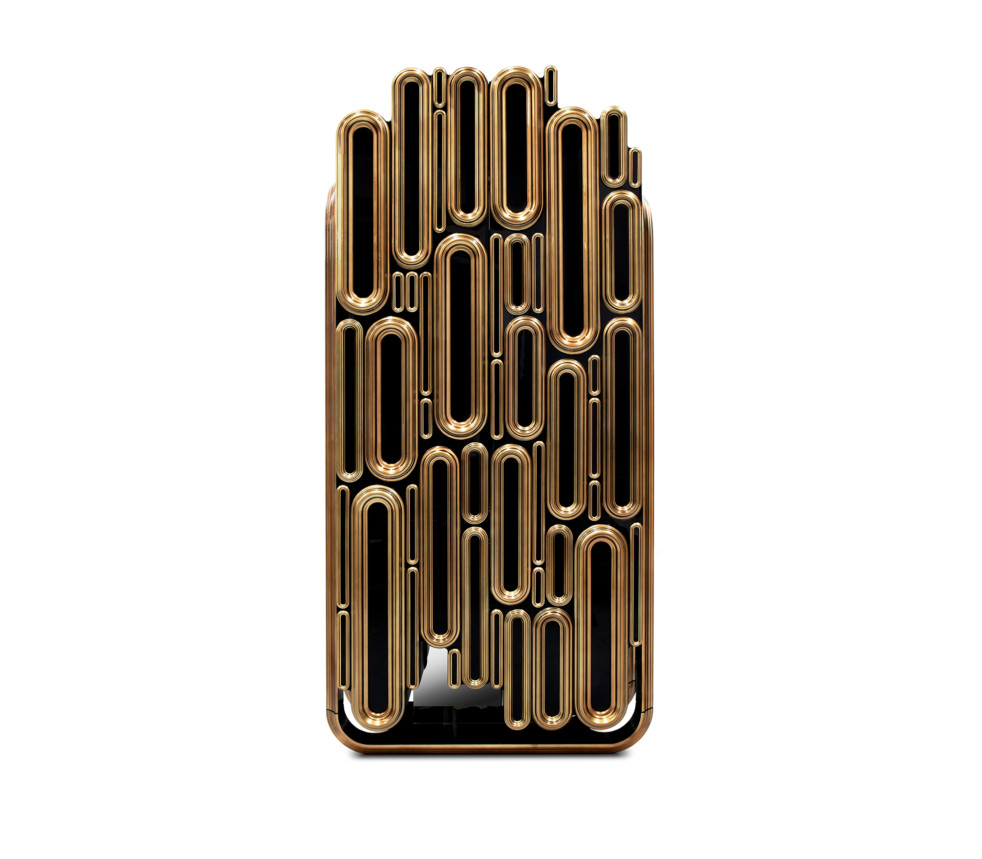 Luxury Bar Cabinet with Brass Tube Design, Glass Shelves & Hidden Storage