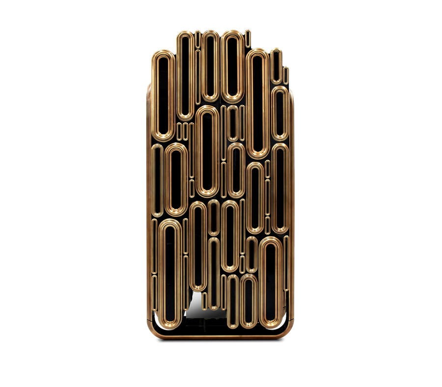 Luxury Bar Cabinet with Brass Tube Design, Glass Shelves & Hidden Storage