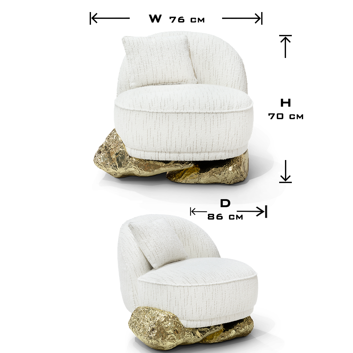 Luxury Sculptural Armchair with Polished Hammered Brass Base & Organic Curved Design