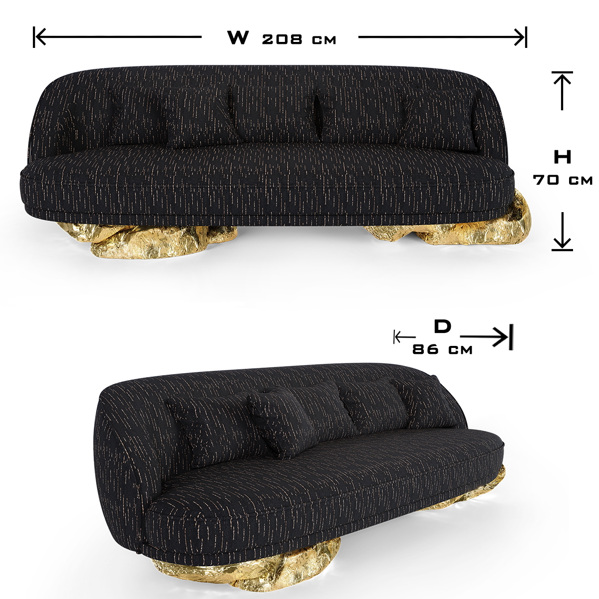 Luxury Sculptural Sofa with Polished Hammered Brass Base & Organic Curved Design