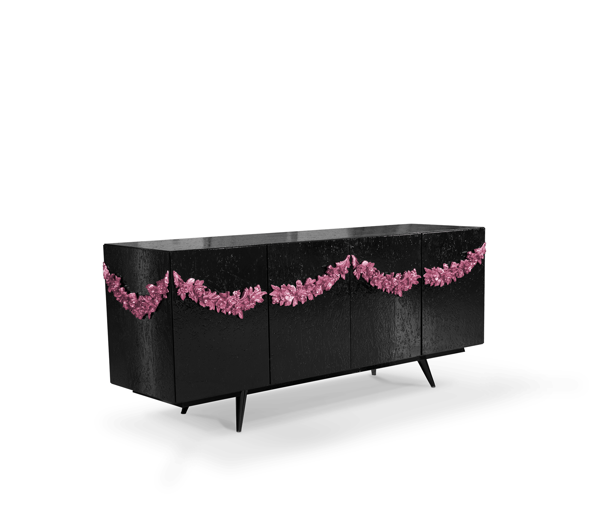 Luxury Black Sideboard Buffet Cabinet with Floral Carved Details & Storage