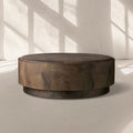 Pola Wood Round Plinth Coffee Table with Bare Steel Panels Base Wabi-Sabi Sytle Living Room Center Ash Tea Table