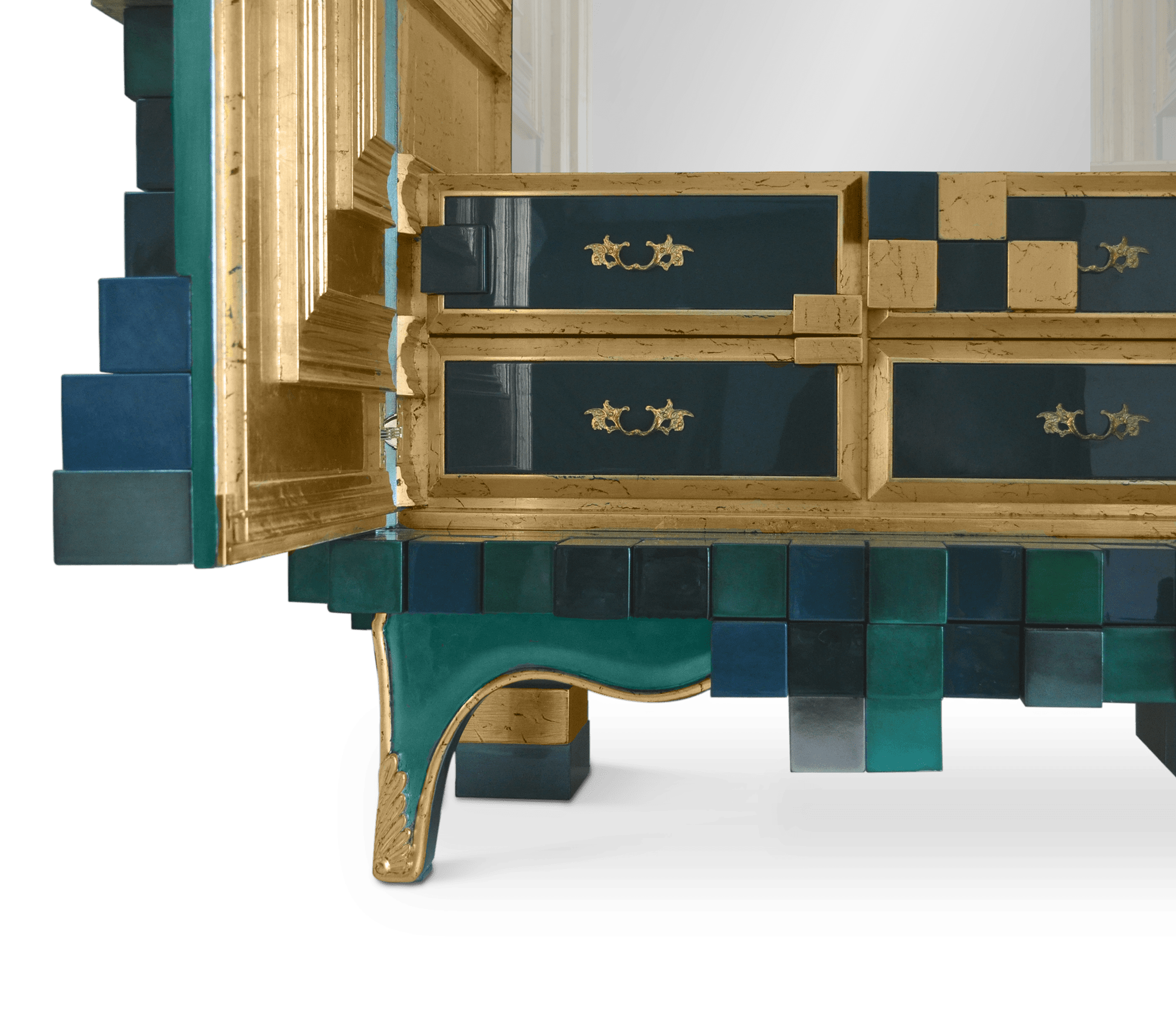 Luxury Display Cabinet with Geometric Pixel Design, Glass Shelves & Storage