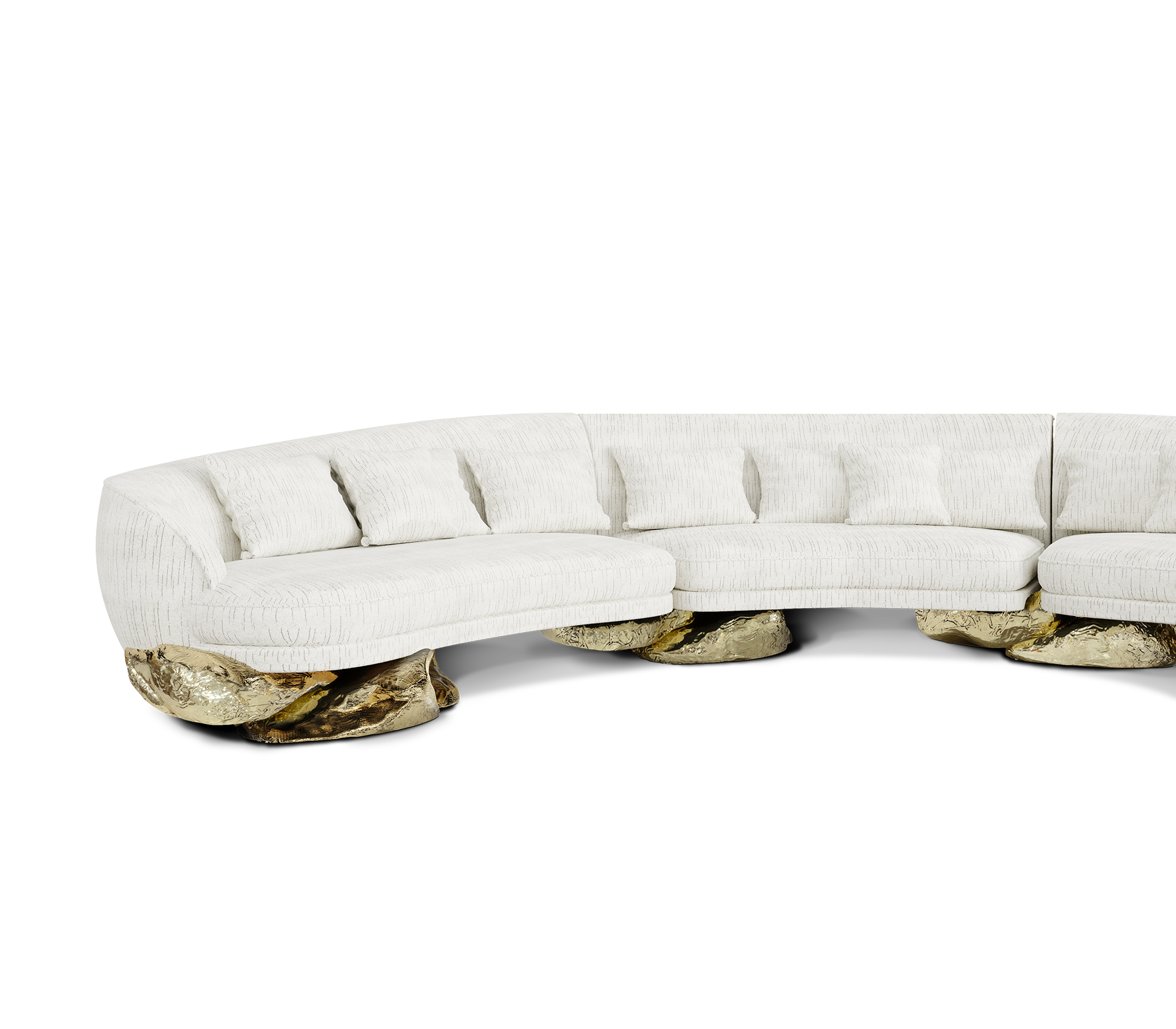 Luxury Sculptural Curved Sofa with Polished Hammered Brass Base & Organic Design