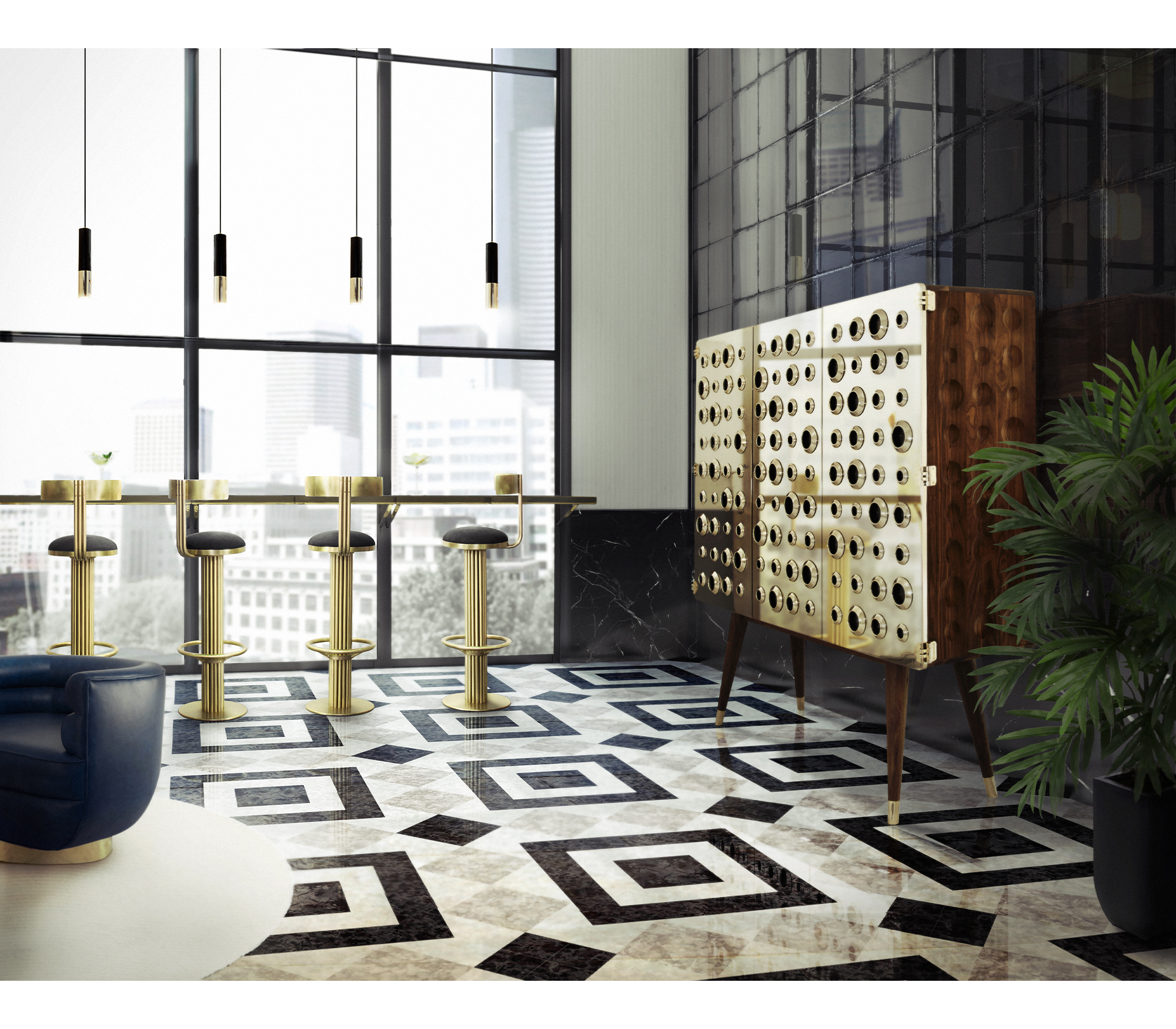 Luxury Walnut Bar Cabinet with Brass Accents & Hidden Storage