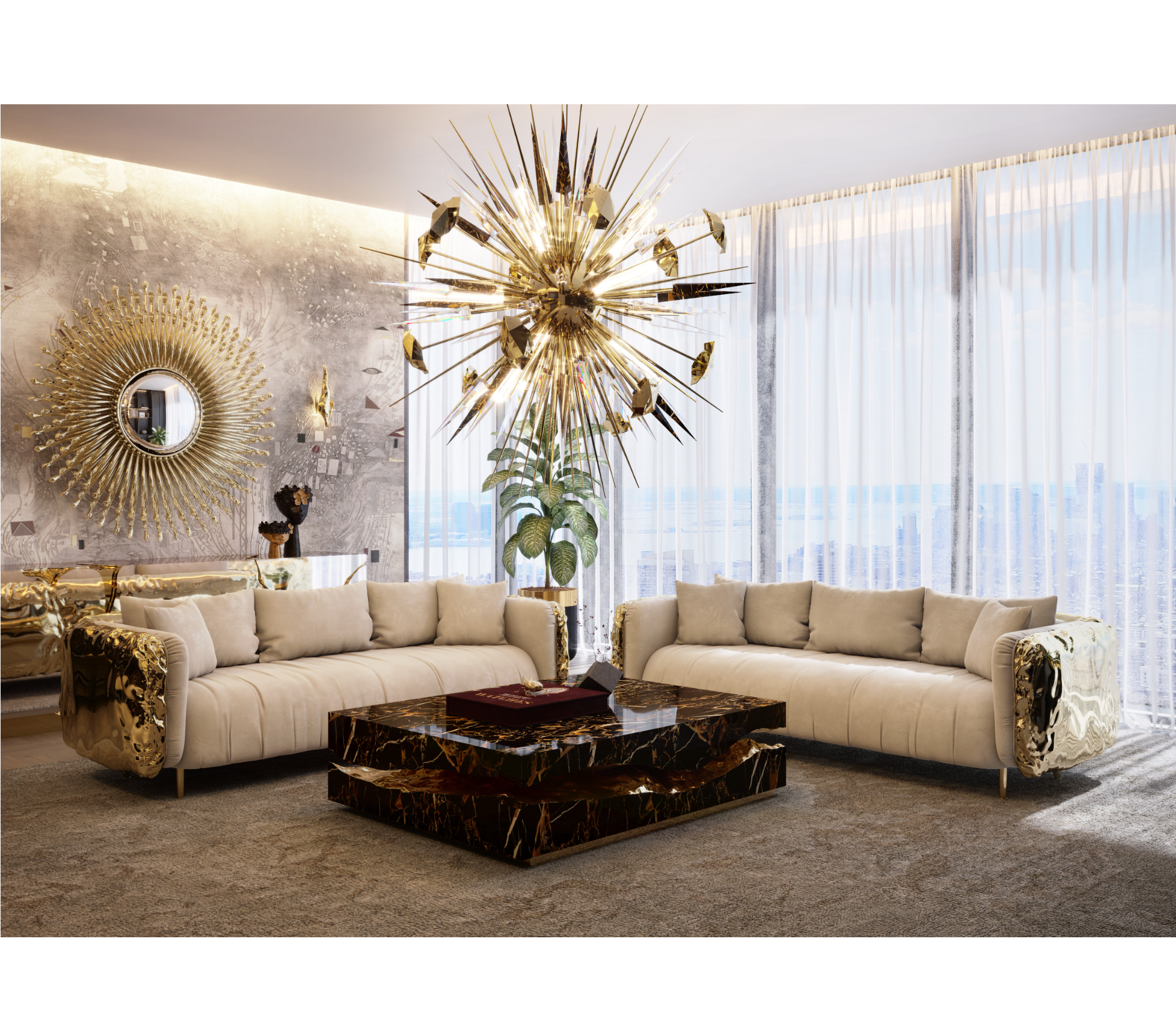 Luxury Carrara Marble Coffee Table with Sculptural Brass Frame & Organic Design