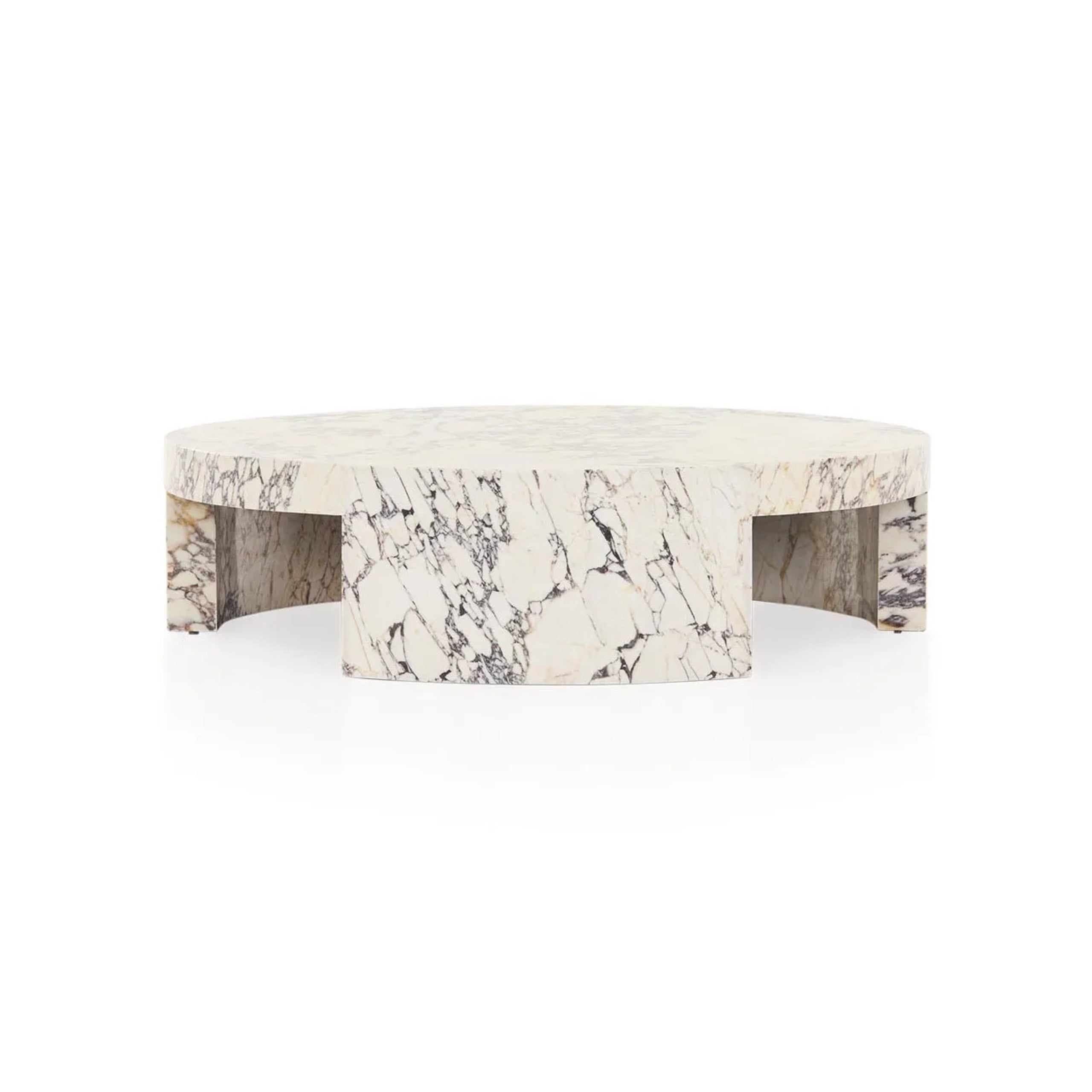 Runder Couchtisch Veneta mit Carrara-Marmor-Furnierplatte für Wohnzimmer und Holztisch