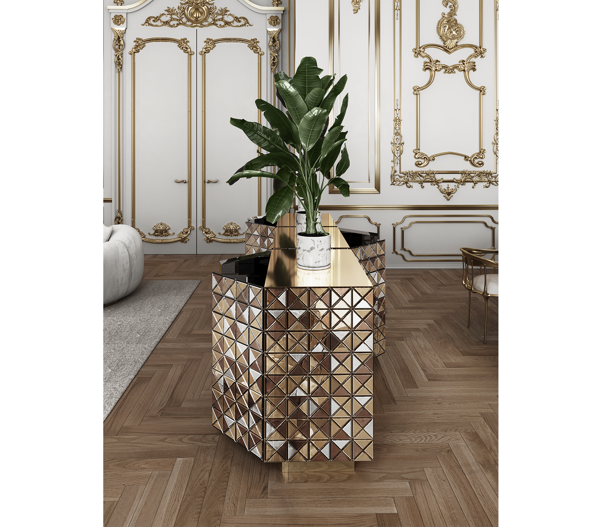Luxury Anodized Metal Sideboard Cabinet with Pixel-Inspired Design & Hidden Storage