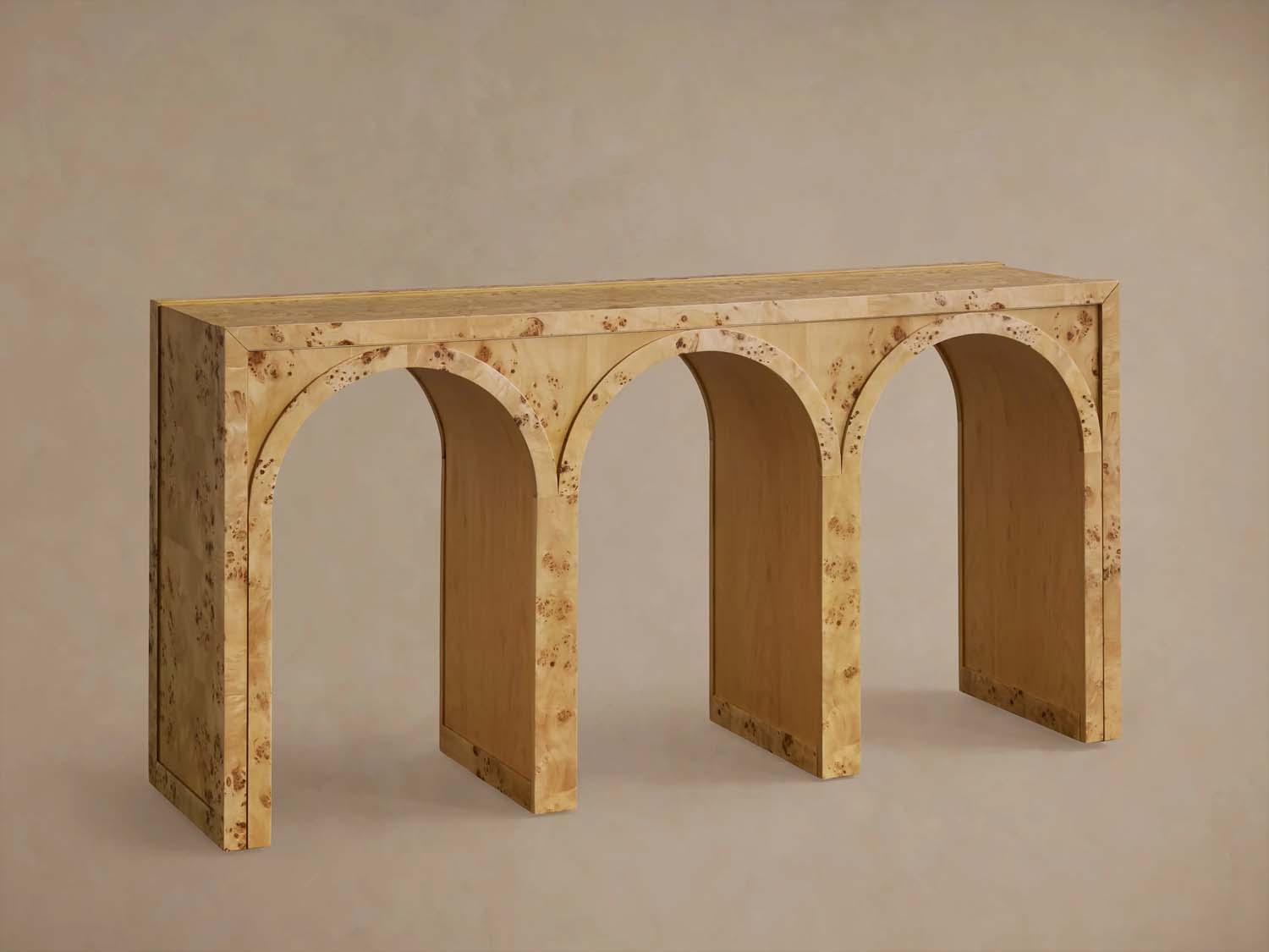 Hattie Wood Console Entryway Table with Natural Burl Veneers Arch Design Hallway Entrance Table
