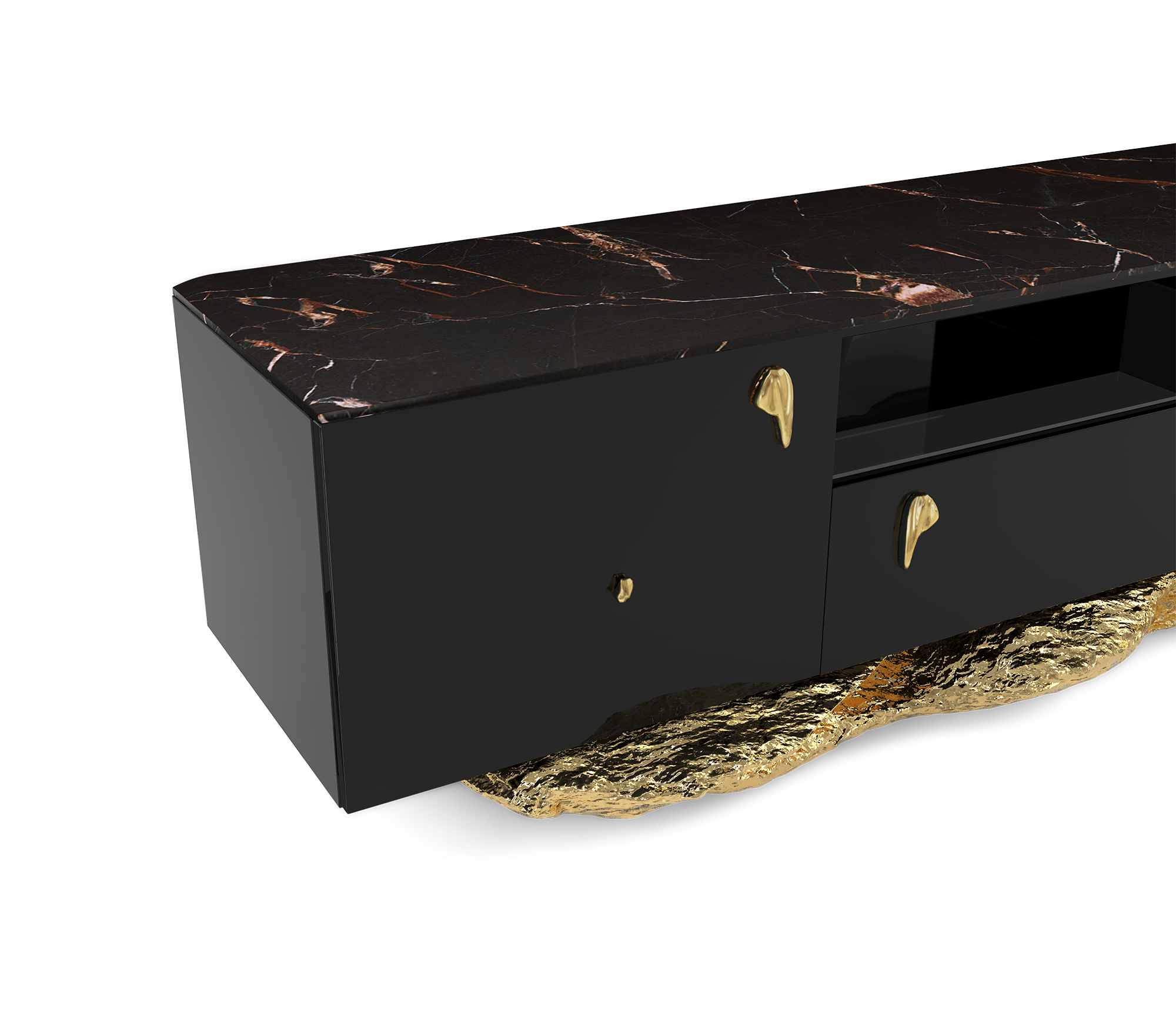Luxury Black Gold Media Console with Marble Top & Hidden Storage
