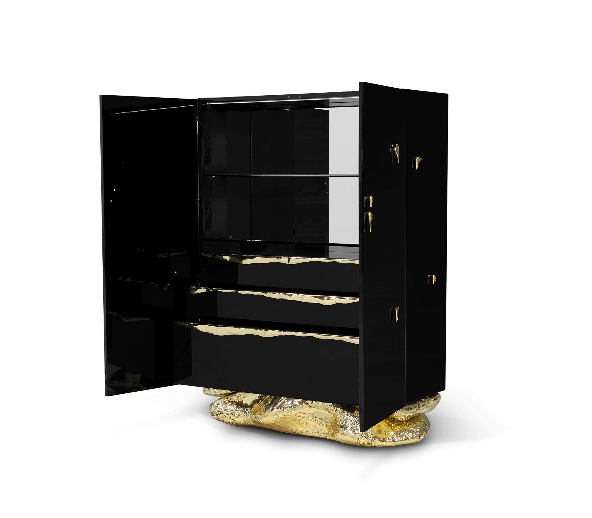 Luxury Marble Storage Cabinet with Brass Base, Hidden Shelves & Designer Storage
