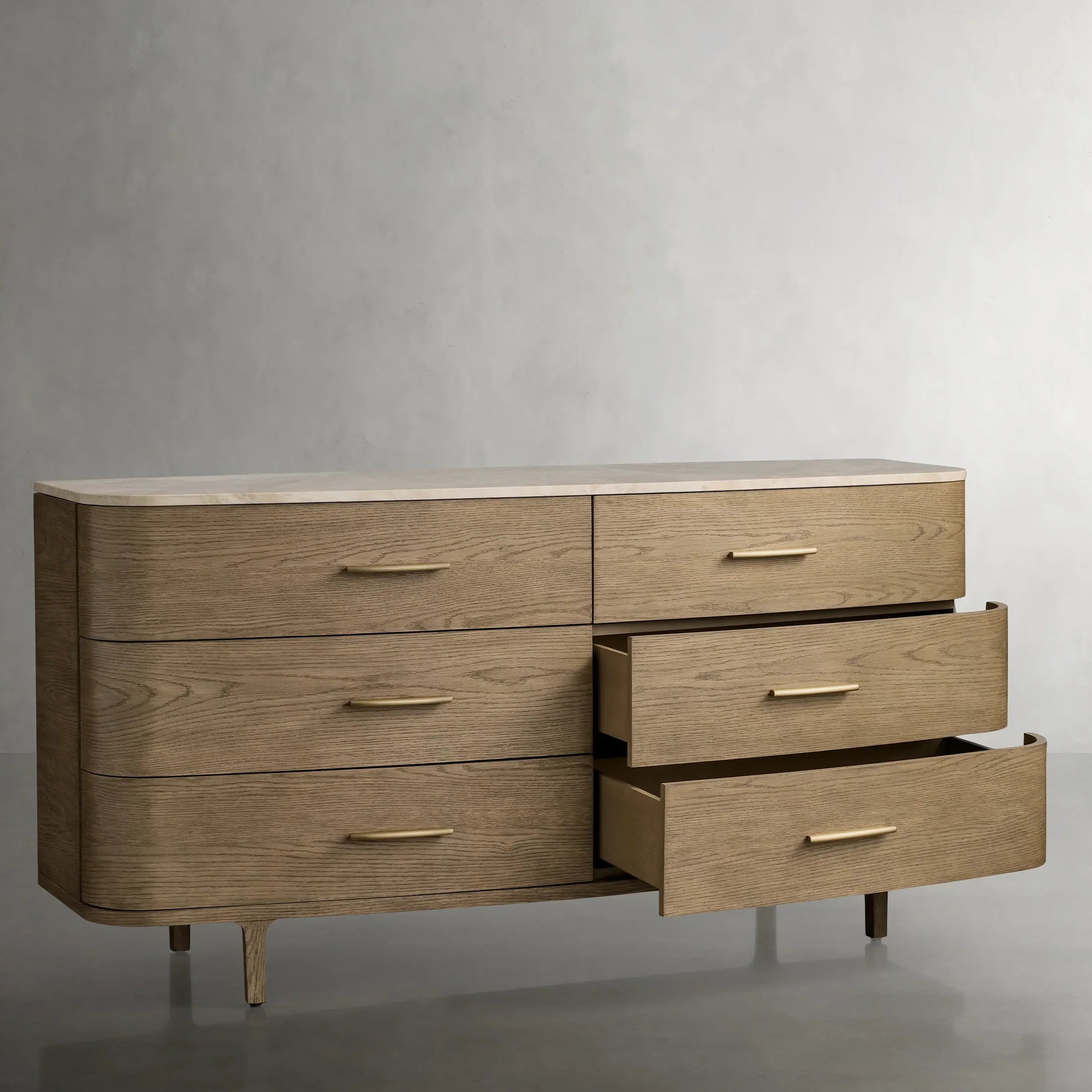 Danny Solid Oak Wood Six-Drawer Dresser with Marble Top Chest Of 6 Drawers Storage Cabinet Modern Style