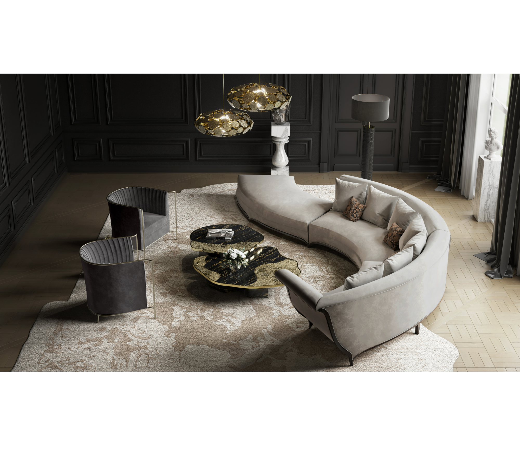 Luxury Calacatta Marble Coffee Table with Black Sculptural Base & Modern Design