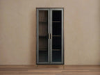 Malone Textured Leather Tall Display Cabinet with Minimalist Style Solid Wood Storage Cabinet with Glass Doors
