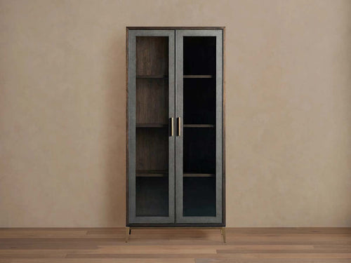 Vitrine haute Malone en cuir texturé, meuble de rangement en bois avec portes vitrées