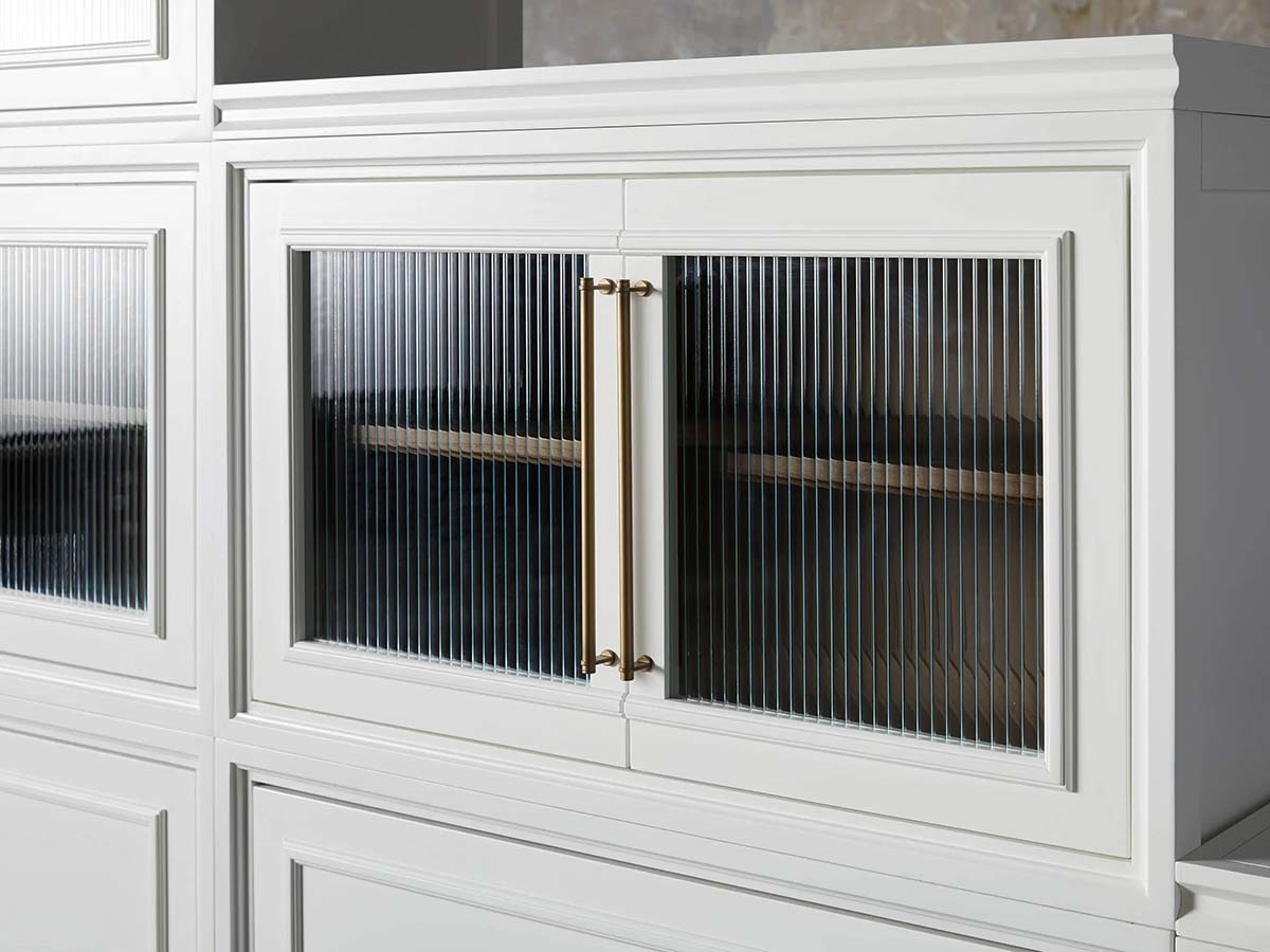 Rowan Modular Wall Unit Storage System Wood Tall Display Cabinet with Reeded Glass Doors