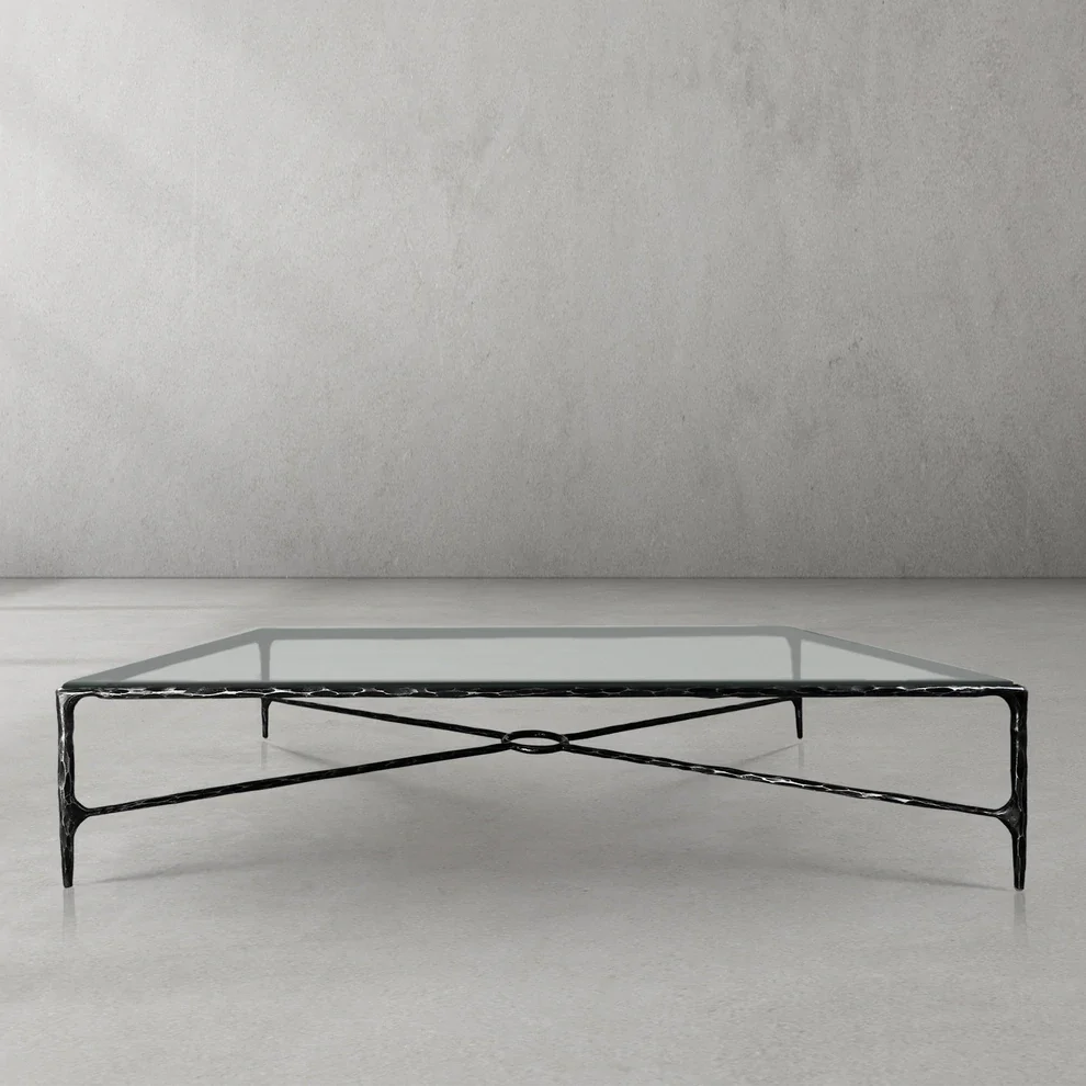 Thaddeus Metal Rectangular Glass Coffee Table Hand-Forged Living Sofa Center Tea Table