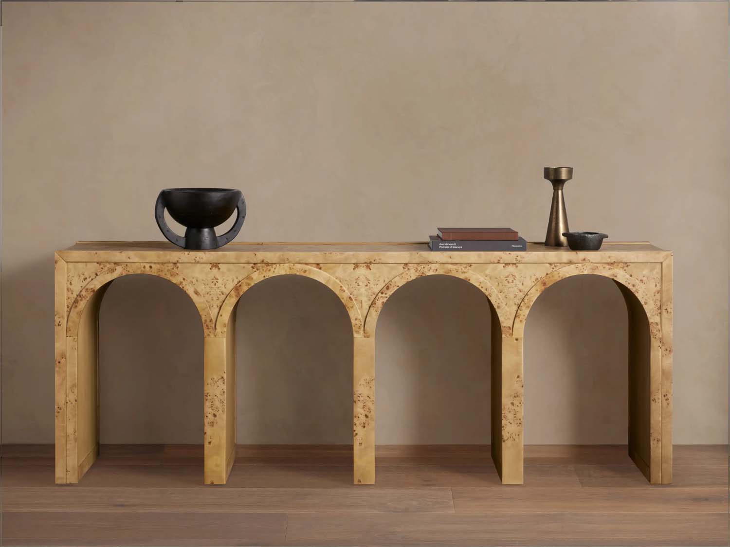 Hattie Wood Console Entryway Table with Natural Burl Veneers Arch Design Hallway Entrance Table