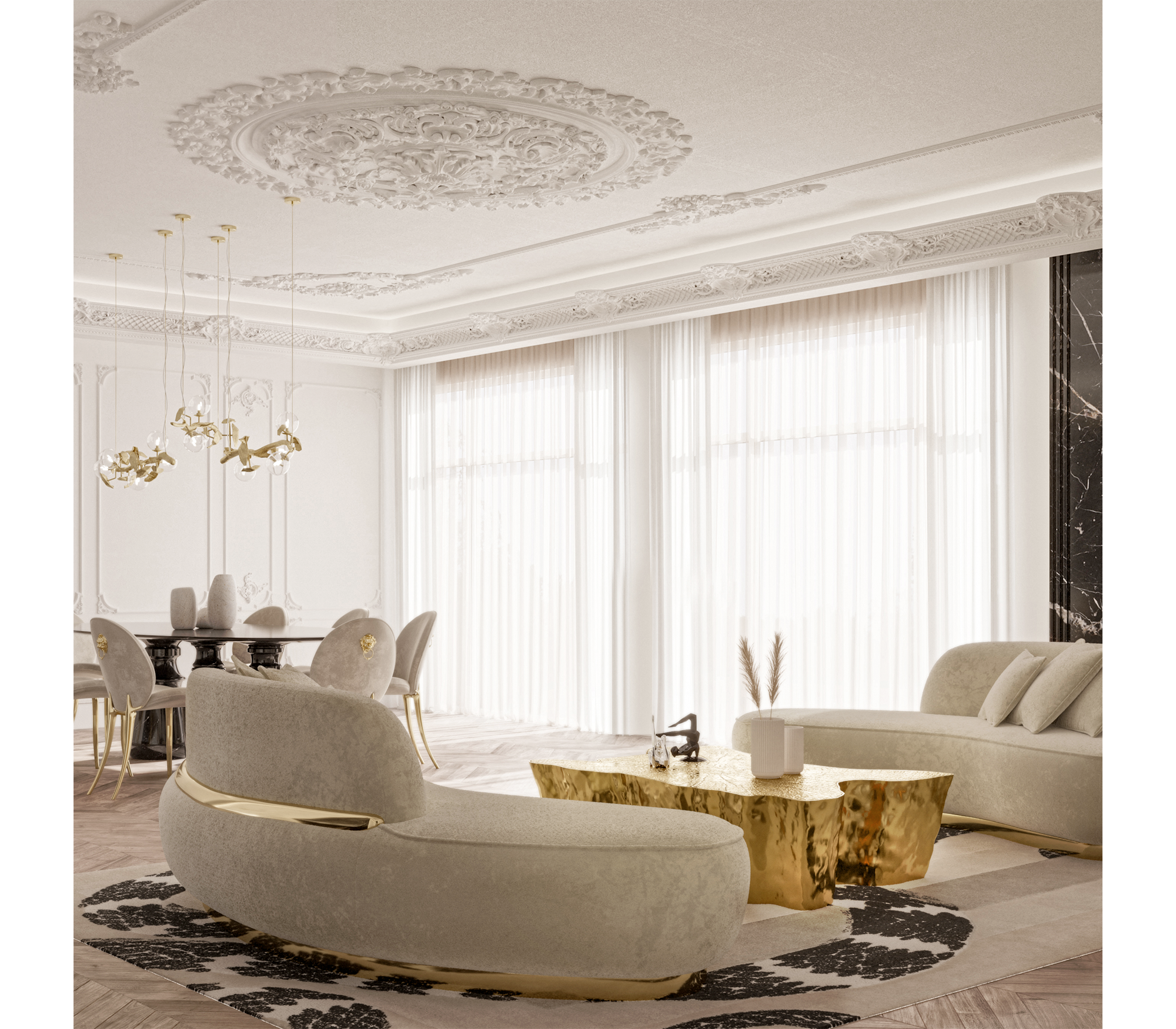 Luxury Swan Lake Inspired Sofa with Sculptural Brass Frame & Asymmetric Design