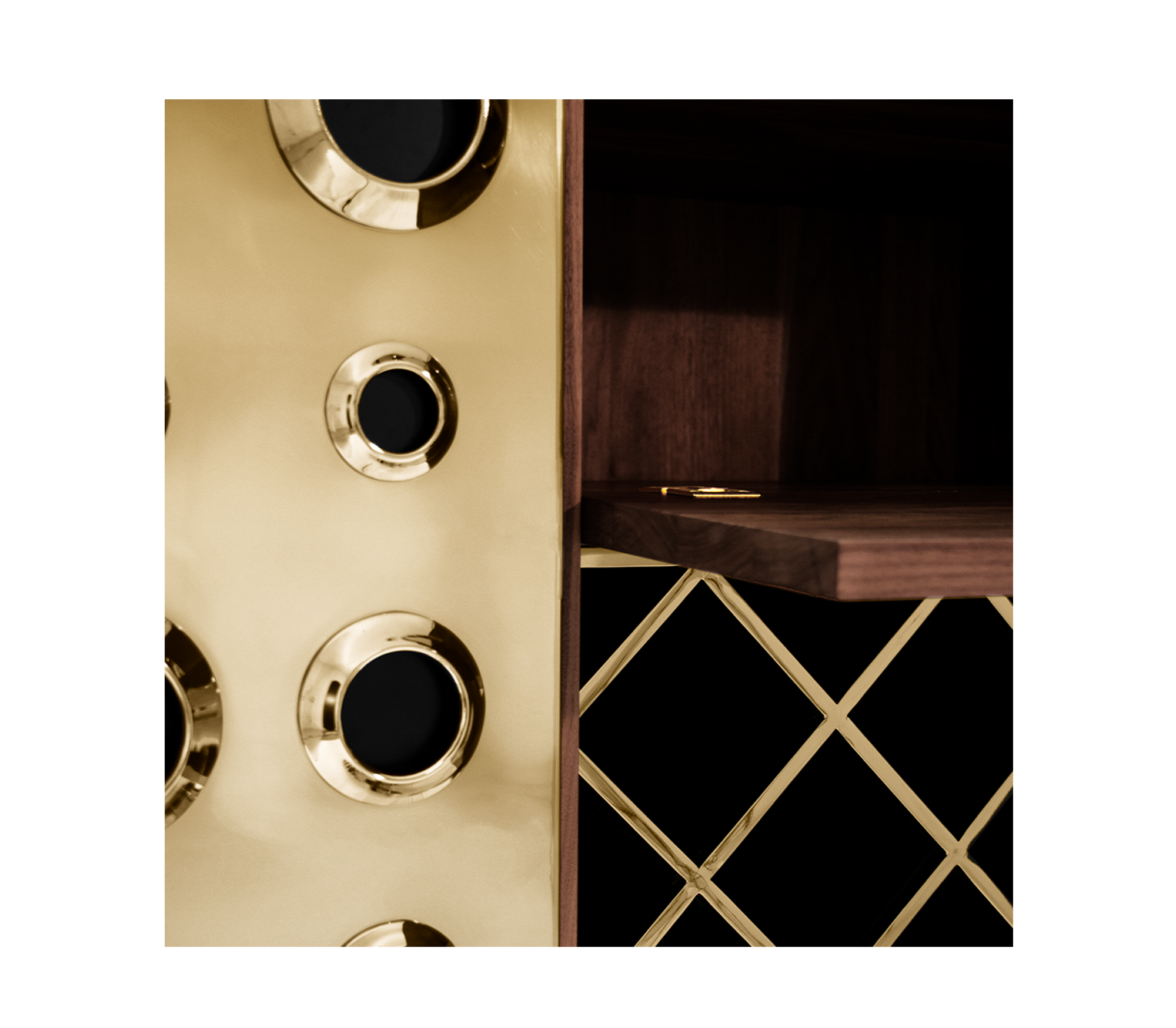 Luxury Walnut Bar Cabinet with Brass Accents & Hidden Storage