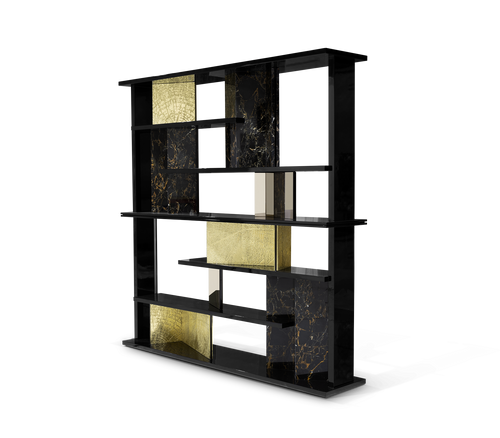 Luxury Double-Sided Bookcase with LED Lighting, Marble Shelves & Display Storage