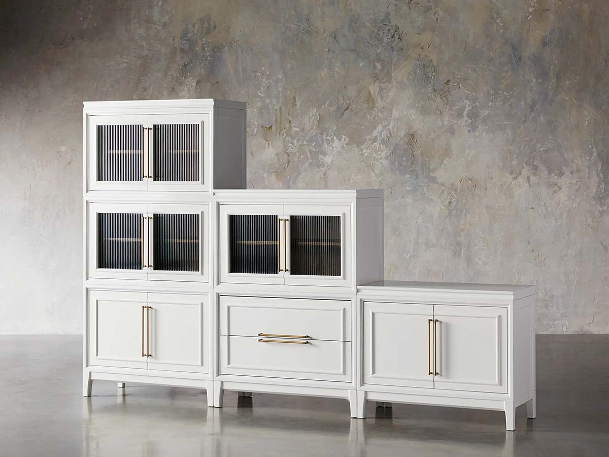 Rowan Modular Wall Unit Storage System Wood Tall Display Cabinet with Reeded Glass Doors