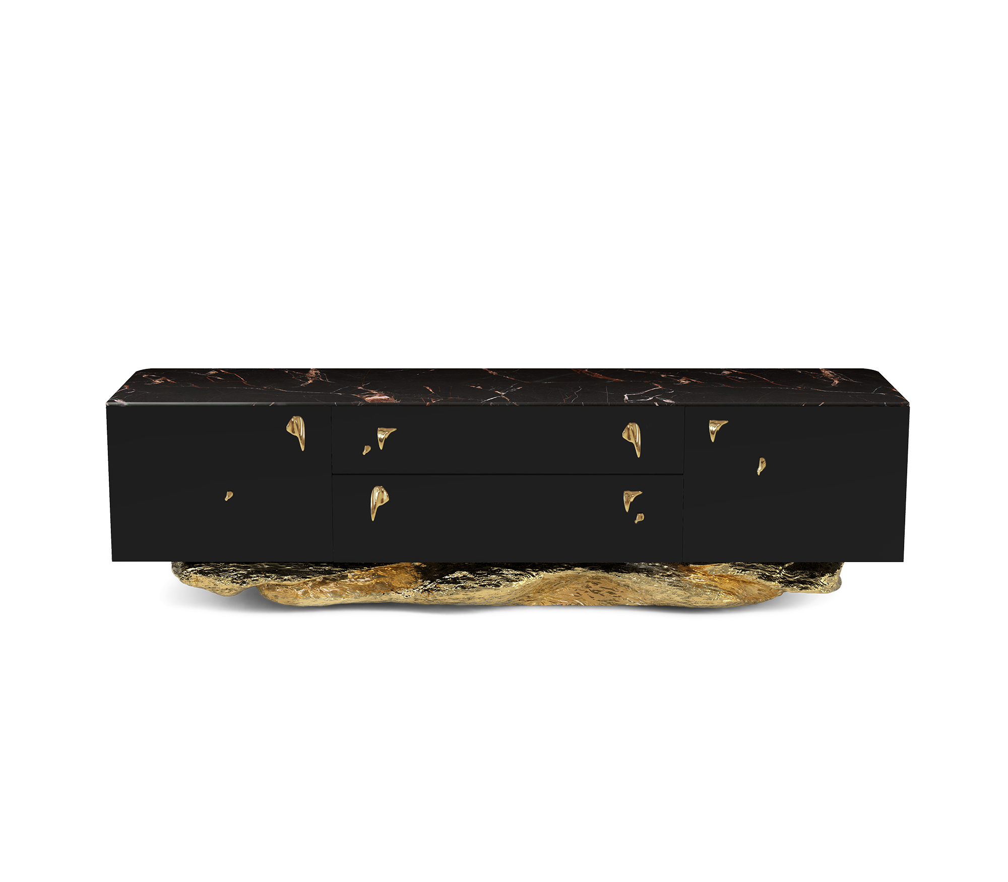 Luxury Black Gold Media Console with Marble Top & Hidden Storage