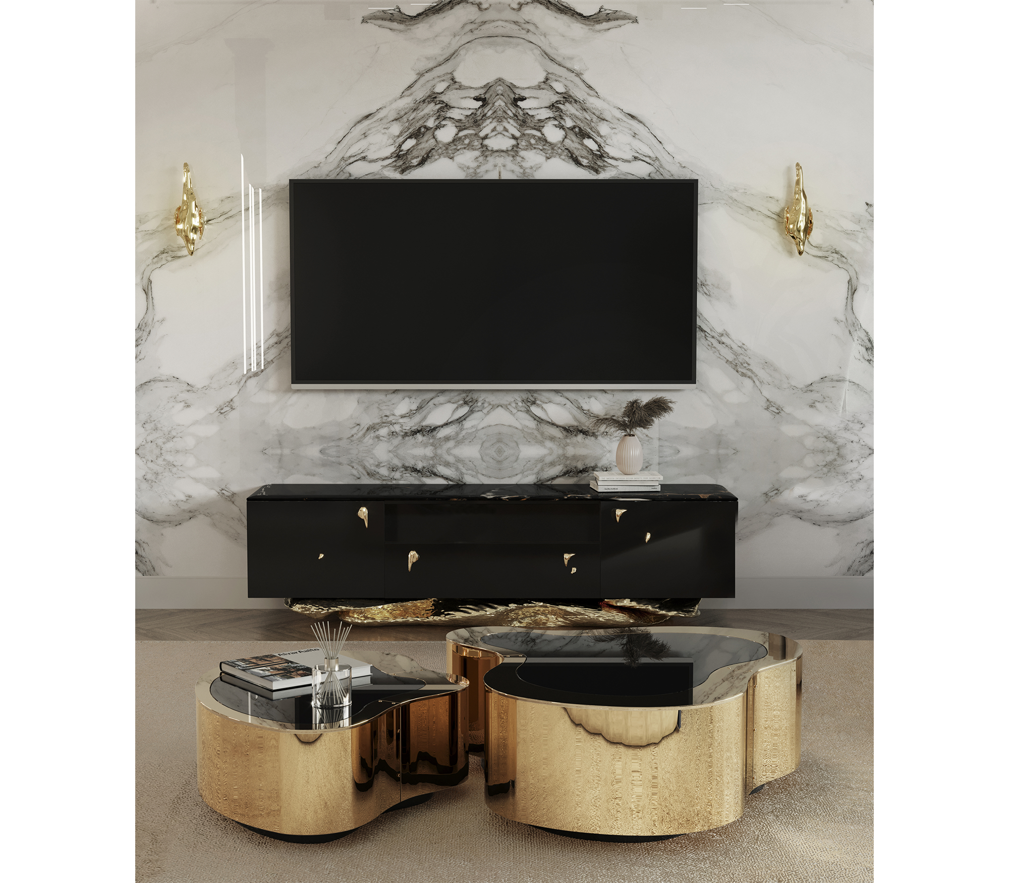 Luxury Black Gold Media Console with Marble Top & Hidden Storage